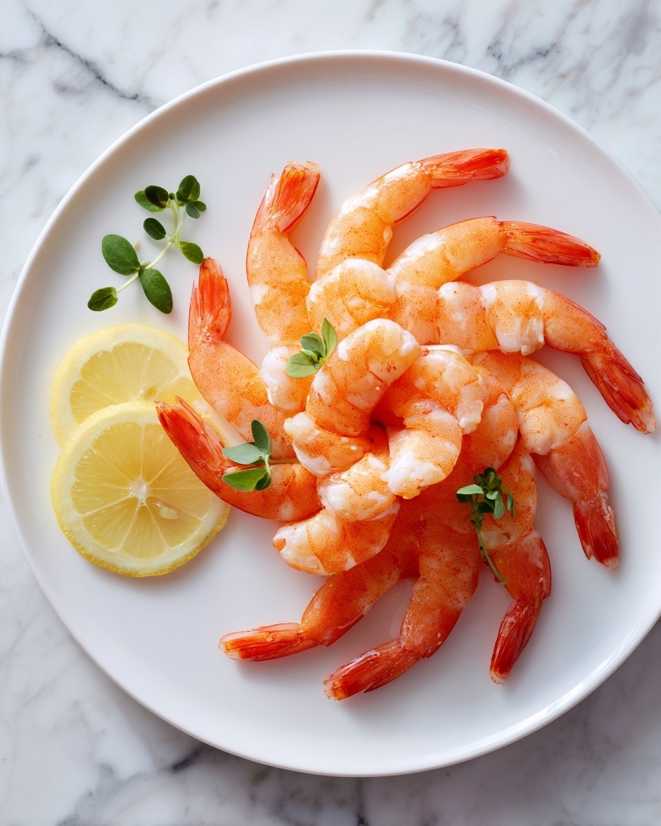 A white plate holds a circle of bright orange cooked shrimp arranged with tails out, creating a flower-like shape. On the left side of the plate, there are two lemon wedges with pale yellow flesh. Small green herb leaves are scattered on top of the shrimp, adding color contrast. The plate rests on a white marbled surface. photo taken with an iphone --ar 4:5 --v 7