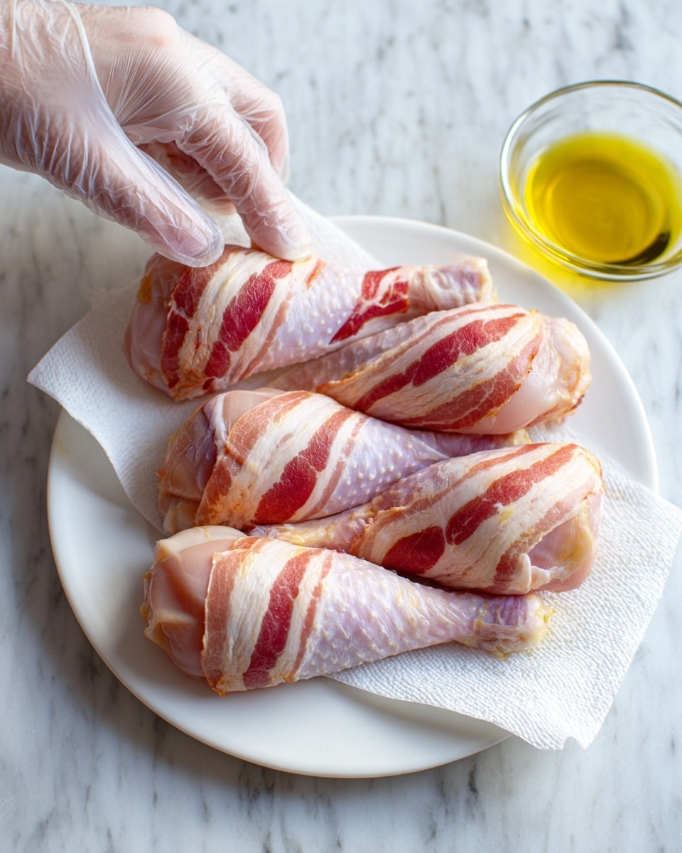 The image shows a white plate on a white marbled surface with four raw chicken drumsticks wrapped in thin slices of bacon. The drumsticks are pale pink with the bacon's shiny, slightly red and white marbled texture wrapped neatly around each piece. A woman's hand wearing a translucent glove holds one drumstick wrapped in bacon on a white paper towel beside the plate. A small glass bowl with golden oil is visible on the marbled surface near the plate. The scene is bright and clean, showing the textures and colors clearly, photo taken with an iphone --ar 4:5 --v 7