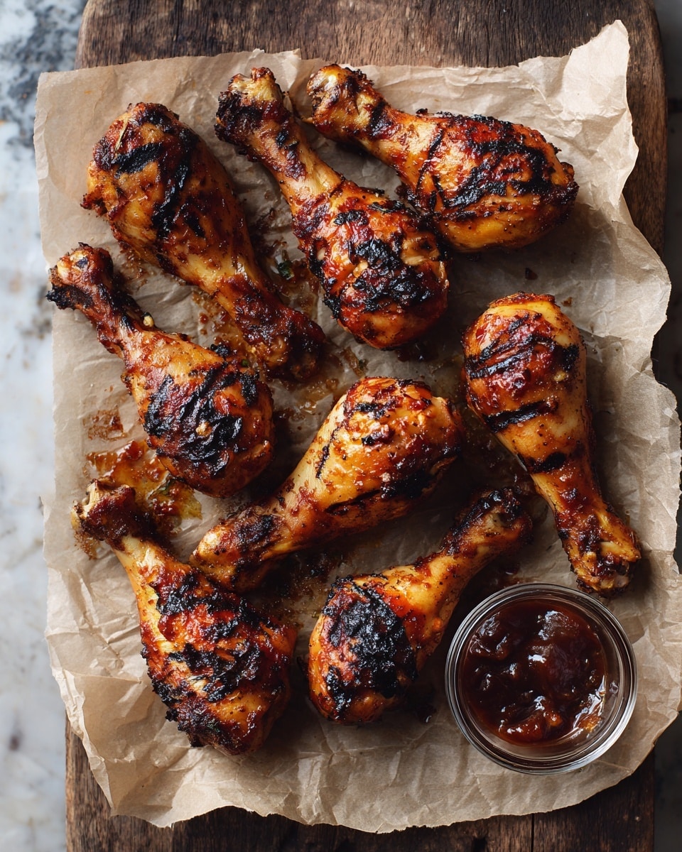 The image shows seven cooked chicken drumsticks arranged on a sheet of parchment paper on a wooden board. The drumsticks have a dark brown, crispy skin with grill marks and slight charred spots. There is a small glass container on the right side filled with a dark, thick sauce. The background surface is a white marbled texture. Photo taken with an iphone --ar 4:5 --v 7