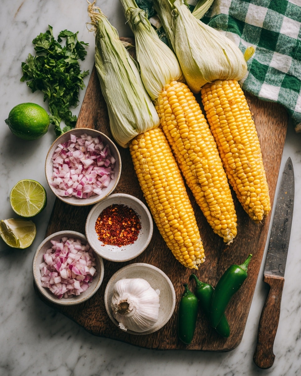 The image shows two ears of bright yellow corn on a wooden board, one still partly covered with green husks, the other fully uncovered. Around the corn, there are small white bowls filled with various ingredients: one with finely chopped red onions, another with red spices, and a third with coarse salt. To the side, there are fresh green jalapeños and a pile of chopped green herbs. A half lime and a garlic bulb sit nearby along with a knife with a wooden handle. The whole scene is set on a white marbled surface with a green and white checkered cloth in the background. Photo taken with an iphone --ar 4:5 --v 7