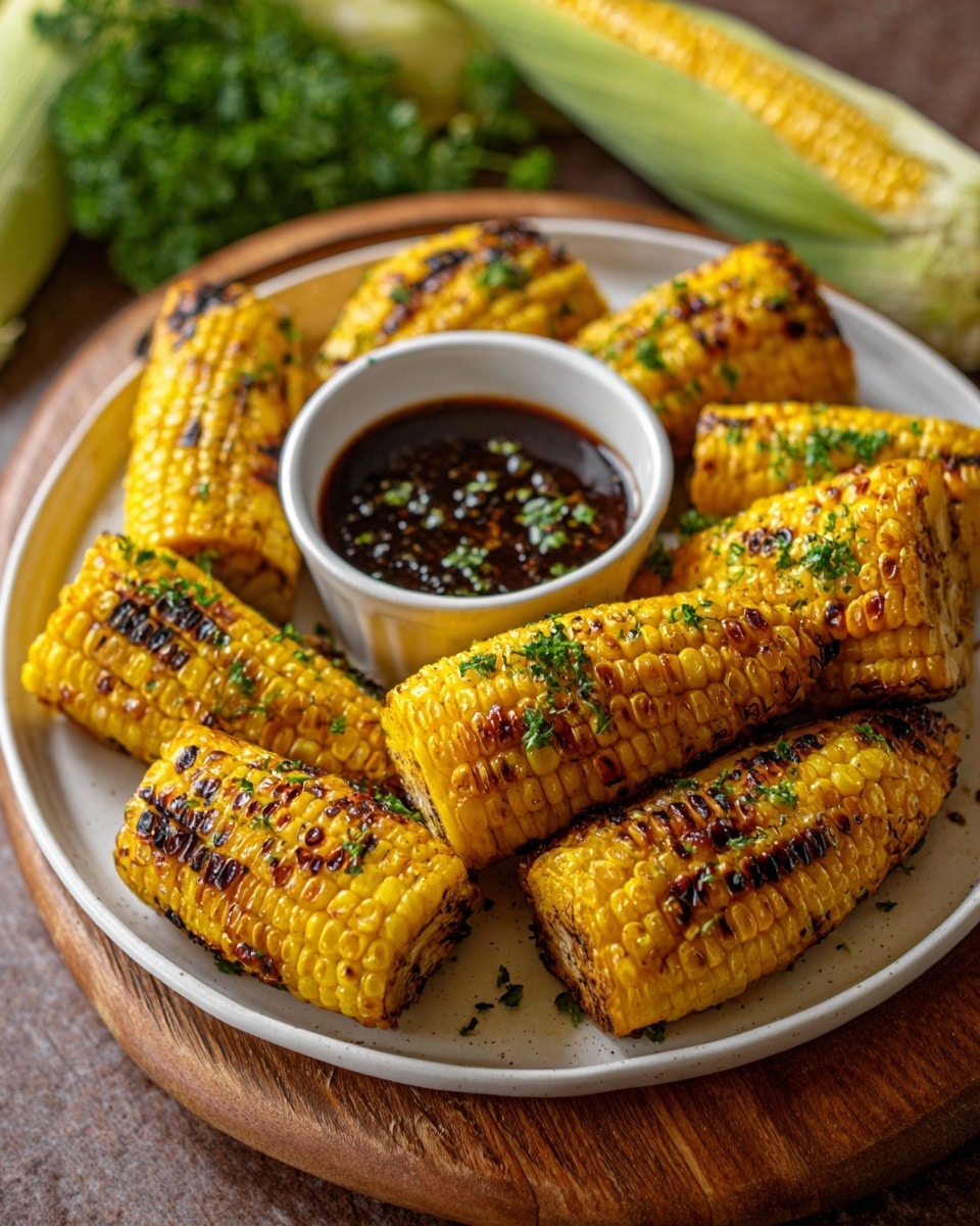 The image shows a white round plate filled with several pieces of grilled corn on the cob, placed in a slightly twisted spiral shape. The charred yellow corn kernels have dark grill marks and are sprinkled with chopped green herbs. In the middle of the plate is a small white round bowl filled with dark brown sauce. The plate is set on a wooden board, with green corn husks and parsley visible in the blurred background. The photo taken with an iphone --ar 4:5 --v 7