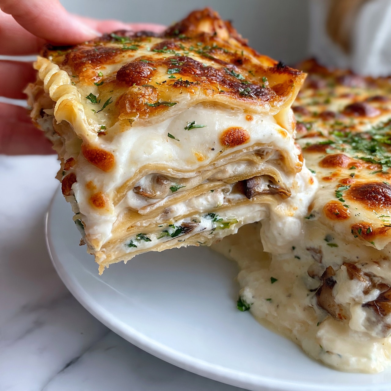 square image The image shows a close-up of a slice of lasagna being lifted from a white plate on a white marbled surface. The lasagna has multiple layers starting with a golden brown top layer of melted cheese, sprinkled with green herbs. Below that is a creamy white sauce with bits of browned cheese on the edges. Inside the slice, there are visible layers of pasta, mushrooms, and green herbs, creating a mix of light beige, brown, and green colors. The sauce looks soft and smooth, and the edges of the pasta sheets are slightly ruffled. The woman’s hand holding the slice adds a touch of action to the scene. The rest of the lasagna on the plate shows similar golden browned melted cheese dots, herbs, and mushrooms. photo taken with an iphone --ar 4:5 --v 7square image