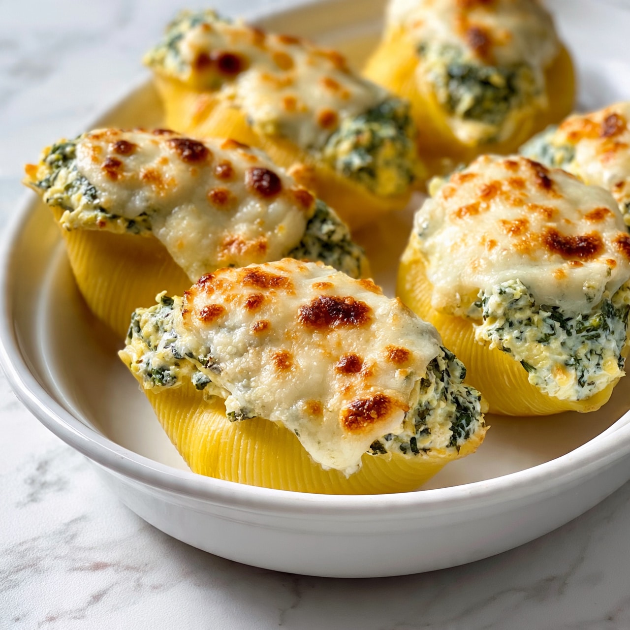 square image The image shows a close-up of six large pasta shells filled with a creamy, green spinach and cheese mixture, placed in a white oval baking dish. Each shell is golden-yellow and smooth on the outside, with the top layer covered in a thick, bubbly layer of browned melted cheese with small browned spots. The spinach filling inside looks rich and slightly coarse with green and white specks from the cheese. The white marbled surface underneath the baking dish adds a clean background contrast. The lighting highlights the texture of the melted cheese and the smoothness of the pasta shells. Photo taken with an iphone --ar 4:5 --v 7