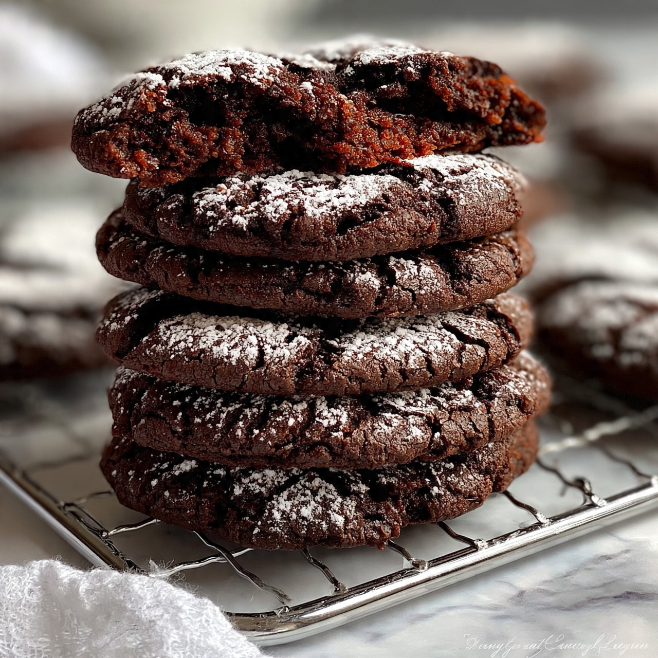 square image A close-up of a stack of five dark chocolate cookies with a cracked top layer dusted with white powdered sugar, showing a rough textured surface. The top cookie is broken in half, revealing a soft and moist dark brown inside. The cookies sit on a silver metal cooling rack over a white marbled surface with a soft white cloth around the bottom corner, creating a cozy atmosphere. The background is blurred with more cookies out of focus. Photo taken with an iphone --ar 4:5 --v 7