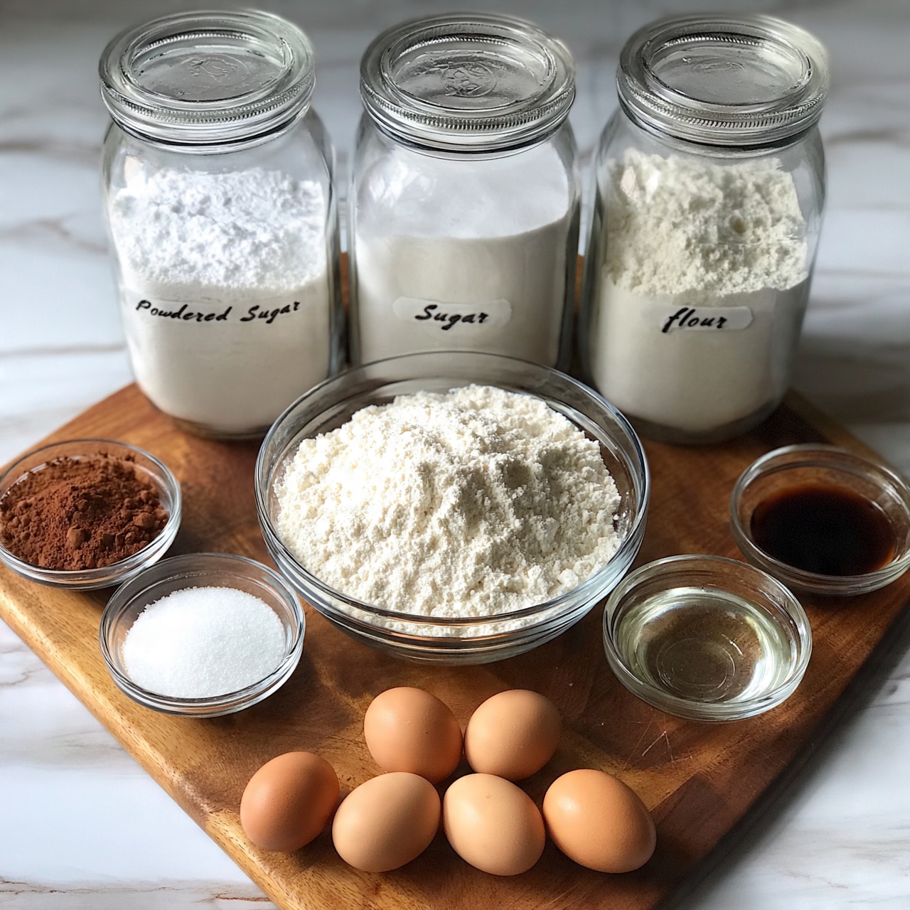 square image The image shows a wooden surface with several clear glass jars and bowls filled with baking ingredients neatly arranged. There are three large glass jars at the back labeled powdered sugar, sugar, and flour, all filled with white powders. In front of them, a medium-sized glass bowl holds a mound of white flour. Surrounding this central bowl are four smaller glass bowls containing brown cocoa powder, white granulated sugar, clear liquid oil, and a small amount of dark vanilla extract. At the bottom, four light brown eggs rest directly on the wooden surface. The whole setup is on a white marbled texture. photo taken with an iphone --ar 4:5 --v 7