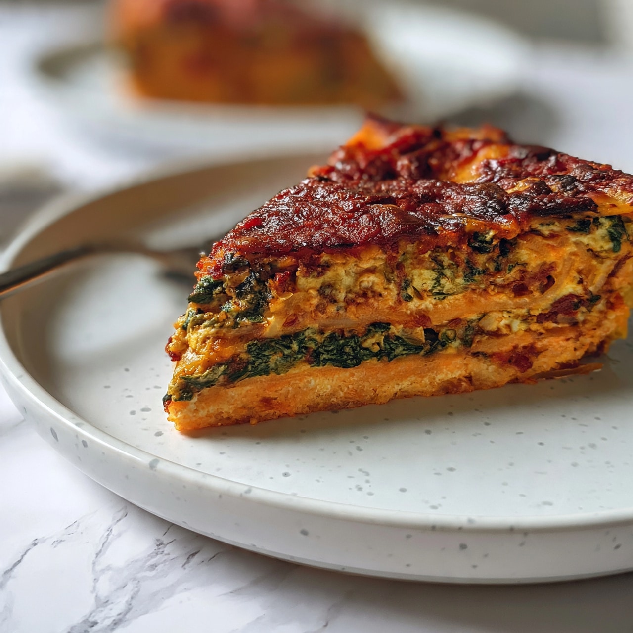 square image The image shows a triangular slice of lasagna placed on a white plate with small grey speckles, set on a white marbled surface. The lasagna has several visible layers: the bottom layer is light orange with a soft texture, followed by a green leafy layer, then an orange layer similar to the bottom one, topped by a dark red layer with a bumpy and slightly glossy texture. A fork rests on the left side of the plate. In the background, another piece of lasagna is slightly out of focus. The photo taken with an iphone --ar 4:5 --v 7