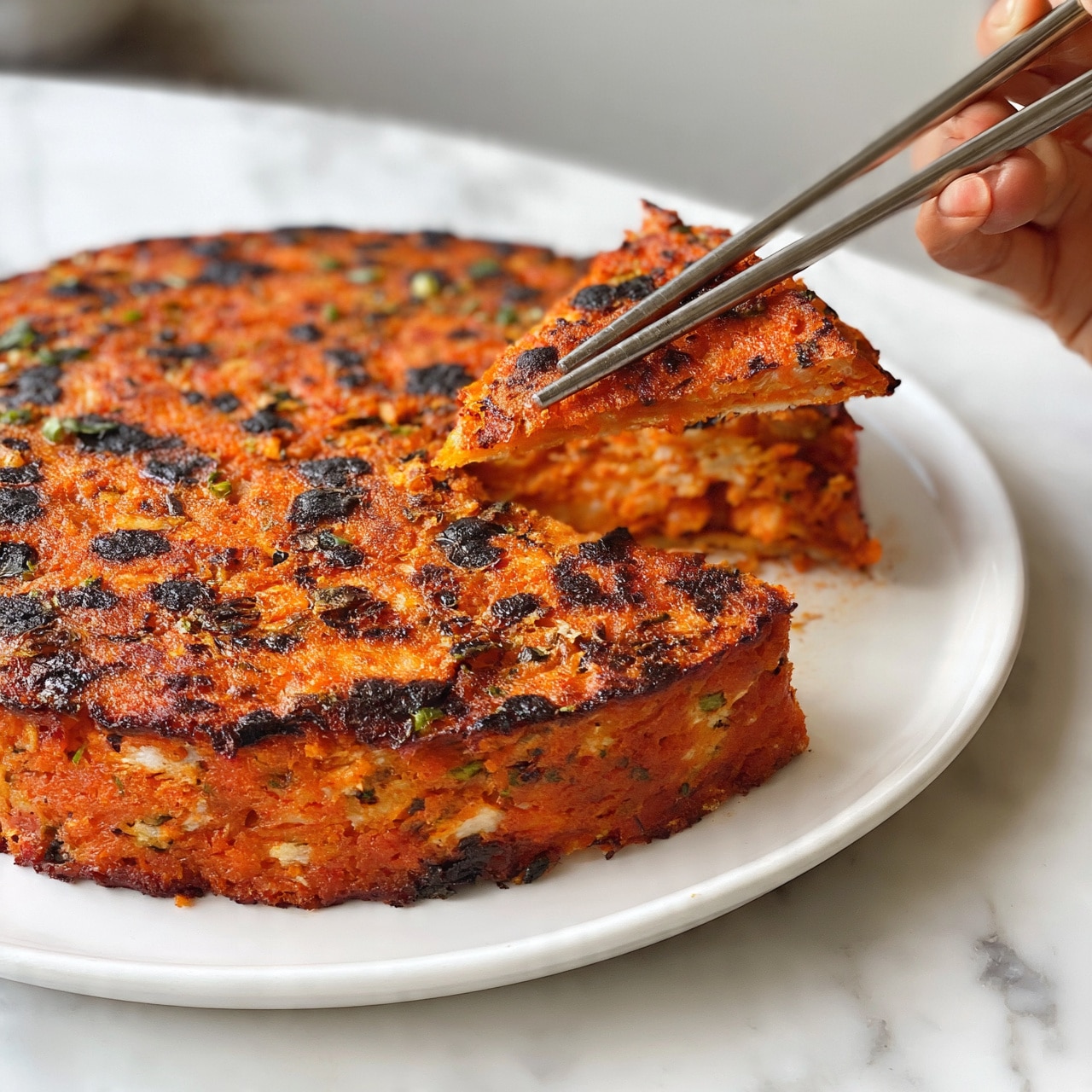 square image A large, round, bright red-orange pancake with visible charred spots on the surface sits on a white plate on a white marbled background. The pancake has three visible layers of texture: the main base, which is dense and slightly uneven with bits of green and white mixed in; the charred black spots scattered across the surface; and small green pieces sprinkled on top that add a pop of color. A pair of metal chopsticks held by a woman's hand is lifting a single triangular slice from the pancake, showing its thinness and slightly crispy edges. Photo taken with an iphone --ar 4:5 --v 7