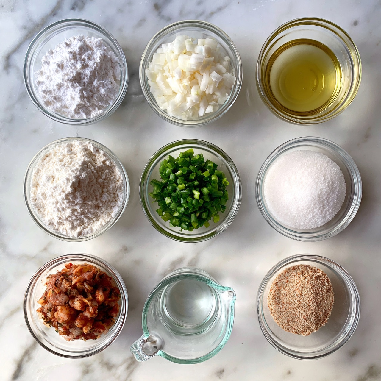 square image The image shows nine small clear glass bowls arranged in a neat grid on a white marbled surface. The top row has powdered white starch, chopped white onions, and a golden yellow liquid that looks like oil. The middle row contains white flour, bright green chopped scallions, and white granulated sugar. The bottom row holds a reddish mixture of chopped food, a clear liquid in a small glass measuring cup, and a light brown powder which looks like a seasoning. All items are spaced evenly and viewed from above. photo taken with an iphone --ar 4:5 --v 7