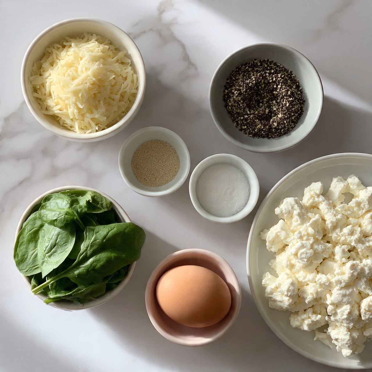 square image A top view of several small white bowls and a white plate arranged on a white marbled surface, each holding a different ingredient: one bowl with light green fresh spinach leaves neatly piled, another with grated pale yellow cheese, a smaller bowl with light brown ground spice, a gray bowl with coarse black pepper, a white bowl with white salt, a light pink bowl holding a single brown egg, and a white plate filled with soft white crumbled cheese. Photo taken with an iphone --ar 4:5 --v 7