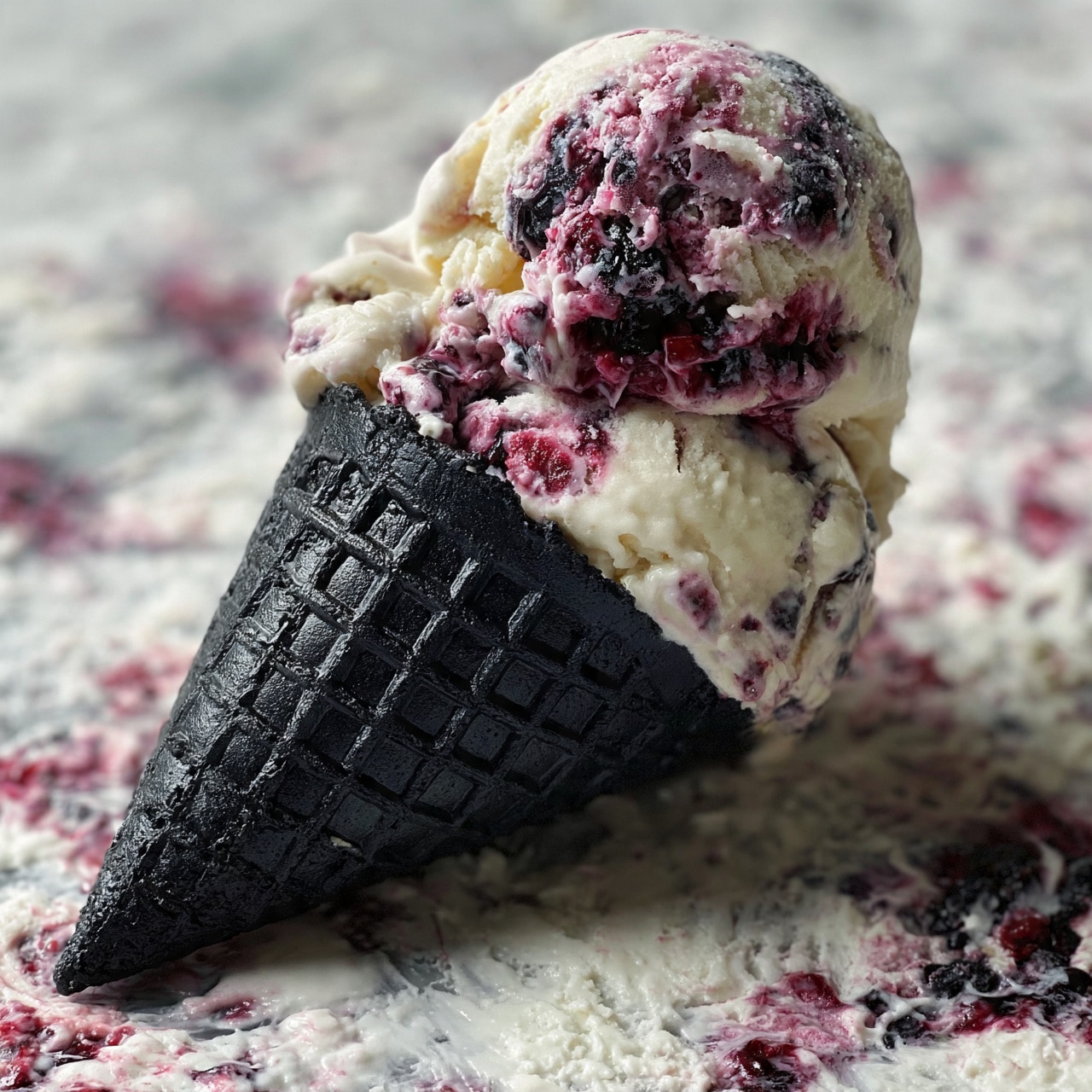 square image A double scoop of creamy white ice cream with purple and dark berry swirls sits on a black waffle cone placed upside down on a white marbled background covered with the same ice cream. The ice cream texture looks soft with visible chunks of berries embedded within the swirls. The cone has a crisp grid-like pattern with a rough surface and slightly uneven edges. Photo taken with an iphone --ar 4:5 --v 7