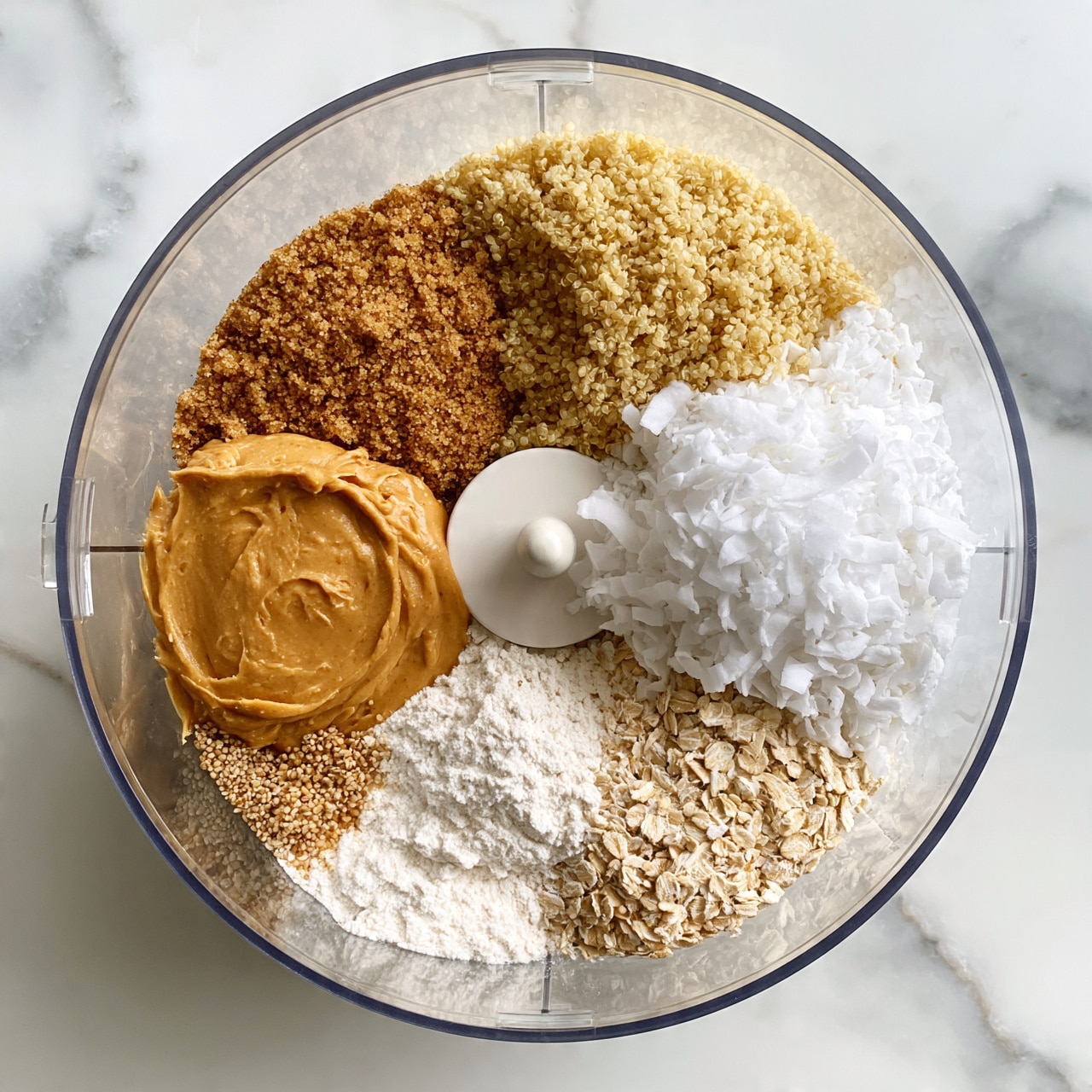square image This image shows a food processor bowl filled with seven different ingredients arranged in separate sections around the center blade. Starting from the top right going clockwise, there is light yellow cooked quinoa with a crumbly texture, white shredded coconut flakes that look soft, medium brown sugar in granules, smooth light brown peanut butter, white powder resembling flour, light beige rolled oats, and a small amount of light brown seeds or seasonings. The clear bowl sits on a white marbled surface. Photo taken with an iphone --ar 4:5 --v 7