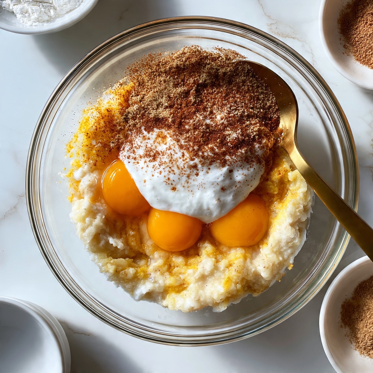 square image A clear glass bowl sits on a white marbled surface with layers of ingredients inside: a base of mashed bananas with a soft, lumpy texture in cream color, bright orange egg yolks resting on top, a thick white dollop of sour cream or yogurt centered over the yolks, and a sprinkling of fine brown powder on top. A long brass spoon is placed in the bowl at the right side, partly submerged in the mixture. Smaller white bowls with white and brown powders are placed around the main bowl. Photo taken with an iphone --ar 4:5 --v 7