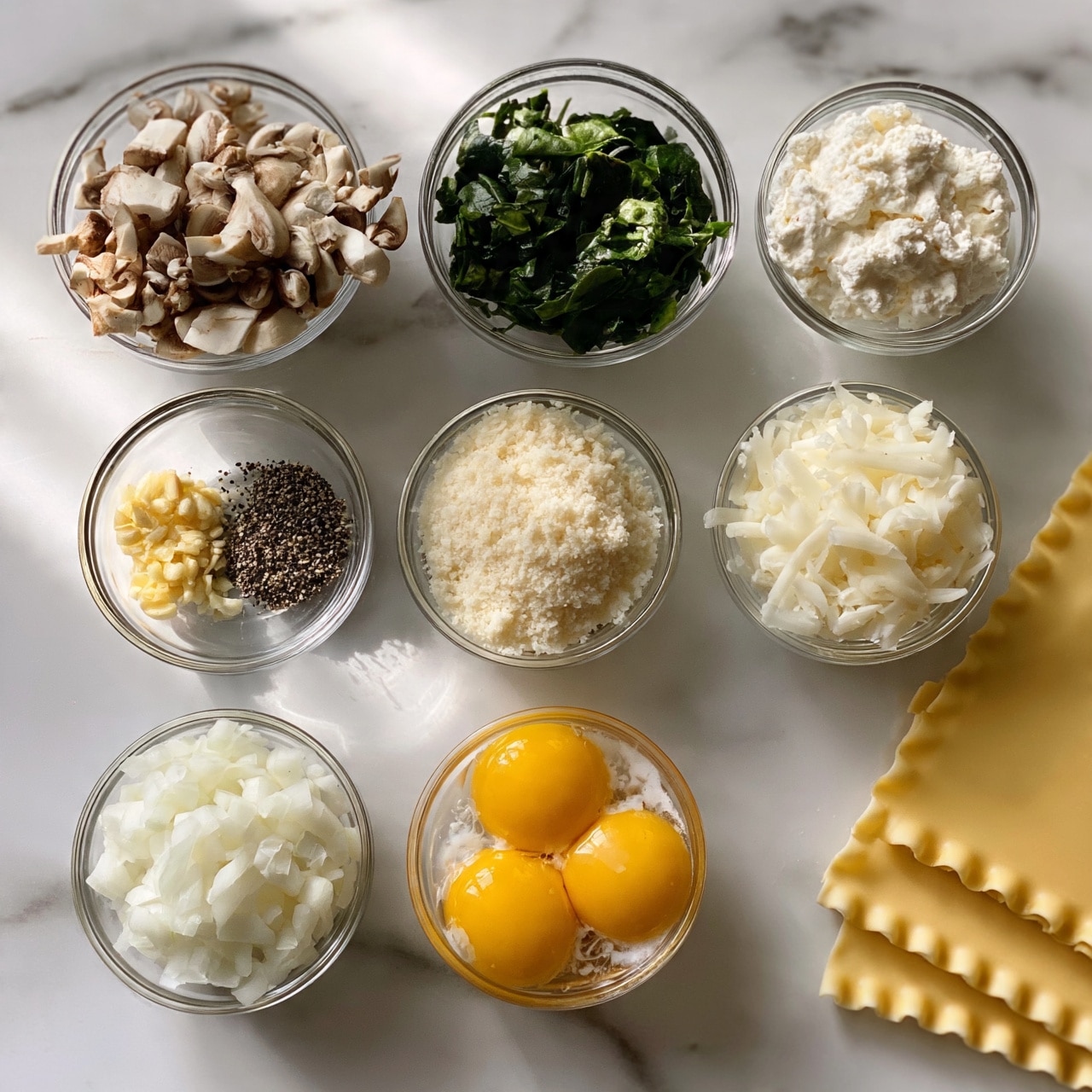 square image The image shows nine small clear glass bowls arranged on a white marbled surface. The bowls hold different ingredients: the top left bowl has chopped mushrooms in shades of light brown and white, the top middle bowl is filled with chopped green spinach leaves, and the top right bowl contains soft white ricotta cheese. Below these, a bowl slightly right of center holds shredded white cheese, while a small bowl to the left contains minced garlic. Next to that is a tiny bowl with black pepper, and in the center is a bowl filled with grated Parmesan cheese. On the bottom right, there is a bowl containing chopped white onions, and just above it, a small white bowl with two raw egg yolks with some egg whites around. On the right side of the image, three uncooked lasagna sheets with a wavy edge rest on the surface. photo taken with an iphone --ar 4:5 --v 7