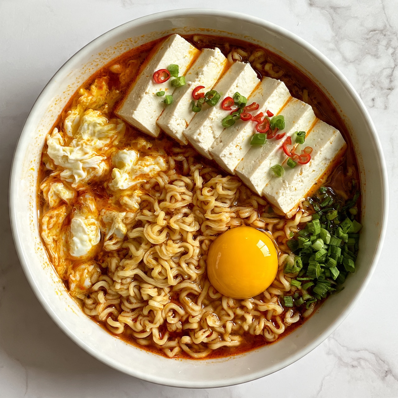 square image A white bowl filled with spicy reddish broth and curly cooked noodles spread throughout the bowl. On one side, there is a row of six thick white tofu slices topped with small chopped green onions and thin red chili slices. To the left of the tofu, there are soft cooked egg whites mixed into the broth. On the right side near the bottom, a bright raw egg yolk sits on top of the noodles, next to a pile of chopped green onions. The bowl is placed on a white marbled surface. Photo taken with an iphone --ar 4:5 --v 7square image