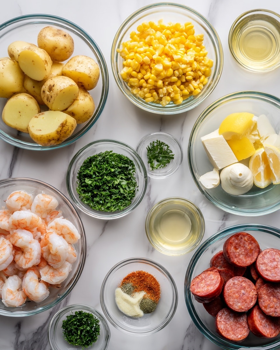 The image shows an overhead view of clear glass bowls filled with cooking ingredients arranged neatly on a white marbled surface. There are small potatoes in the top left bowl, bright yellow corn cut into pieces in the middle right bowl, and raw shrimp with tails on in the lower left bowl. Near the shrimp bowl to the right is a bowl with thick slices of reddish sausage. Small bowls with light green chopped herbs, orange seasoning, and minced garlic are placed around. There’s also a bowl with melted butter, a bowl with lemon slices in liquid, a dish with yellow zest, and a bowl with clear liquid. The colors range from beige and pink of the shrimp, yellow of the corn and butter, red of the sausage, to fresh green herbs. Everything is clean and organized in clear bowls on a white marbled background. Photo taken with an iphone --ar 4:5 --v 7