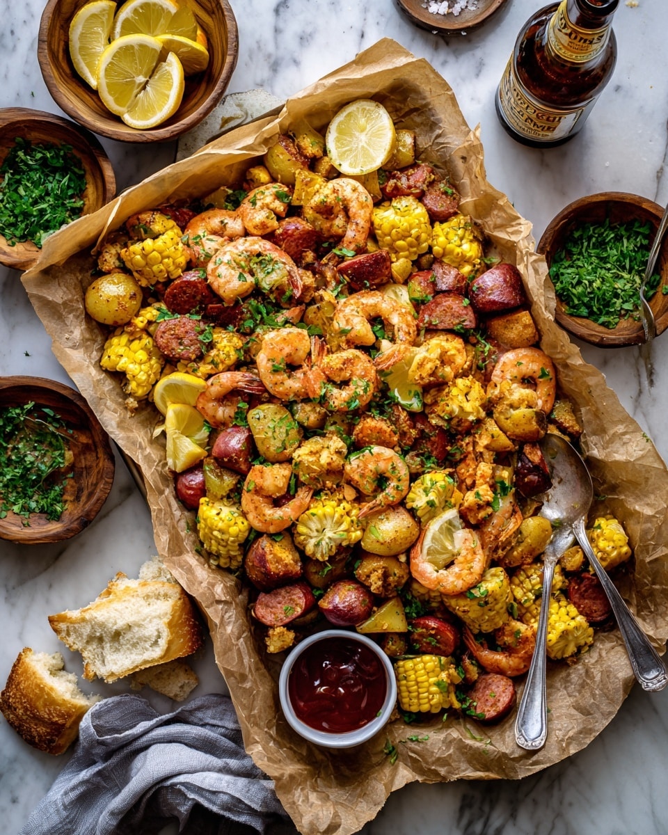 A large rectangular tray lined with brown parchment paper holds a colorful seafood boil spread. The tray is filled with a mix of golden-yellow corn chunks, small red potatoes, pieces of sausage with a reddish color, and shrimp that have a slightly pink and orange tone. The food is sprinkled with chopped green herbs for freshness. Around the tray are round wooden bowls holding lemon wedges and green herbs, a dipped sauce cup with dark red sauce sits on the bottom edge of the tray with shrimp in it, and two pieces of broken bread rest on the white marbled surface. A silver spoon lies on the side, with a bottle of beer nearby wrapped partially in a gray cloth. The photo taken with an iphone --ar 4:5 --v 7