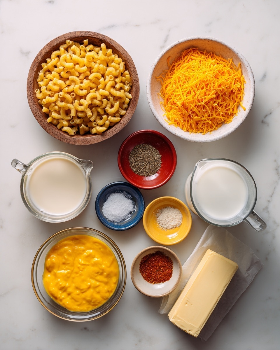 A set of ingredients for making a dish, arranged neatly on a white marbled surface. On the top left is a rustic wooden bowl filled with dry yellow elbow macaroni pasta. Next to it on the right is a white bowl full of shredded orange cheese. To the far right, there is a clear glass measuring cup filled with white milk. Below, on the left, there is another clear glass measuring cup filled with a light beige liquid. Next to it in the center are three small round bowls: a yellow bowl with ground black pepper, a red bowl with coarse white salt, and another yellow bowl with a mix of orange and red spices. Between these bowls is a small blue-rimmed bowl with a yellow egg mixture. To the right, there is a clear bowl filled with shiny bright yellow cheese sauce or pudding. On the far right, a stick of yellow butter partially wrapped in white paper is placed. The scene is bright and clear, with all items shown from above photo taken with an iphone --ar 4:5 --v 7