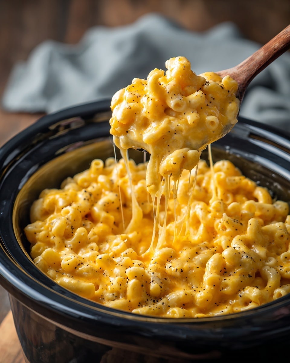 The image shows a close-up of a black slow cooker filled with creamy yellow mac and cheese. There is a spoon lifting a large scoop of the mac and cheese, with gooey cheese strands stretching from the crockpot to the scoop. The pasta pieces are elbow-shaped, coated well in the smooth, shiny cheese sauce that has a warm yellow color with specks of black pepper visible. In the background, there is a wooden surface with a grey cloth placed on it. photo taken with an iphone --ar 4:5 --v 7