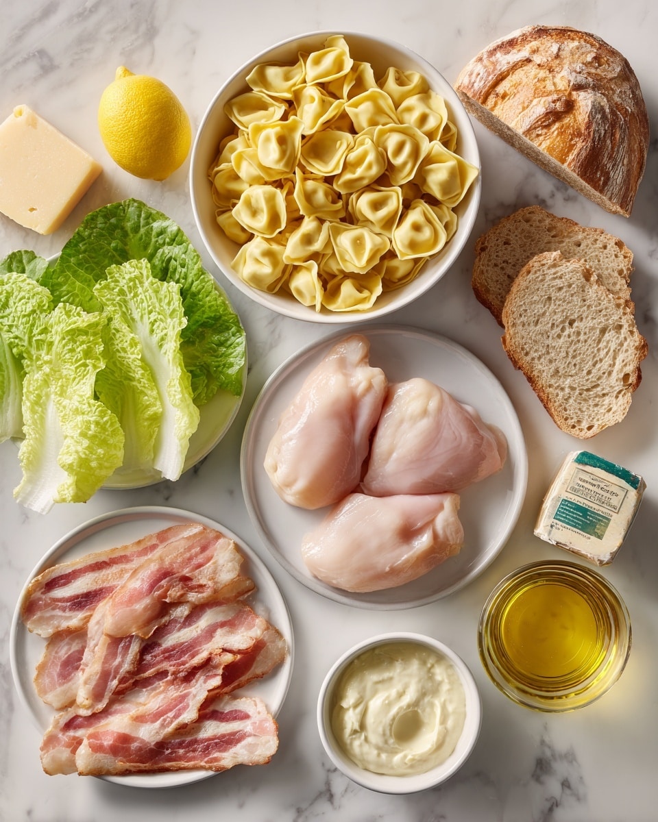 A top view of several food items arranged on a white marbled surface: in the center top is a white bowl full of yellow tortellini pasta with a soft texture and folded shapes; to the right above is a slice of light brown bread with a rough texture; below the bread on a white plate are two raw pink chicken pieces with smooth surfaces; to the left of the chicken a lettuce leaf with bright green, crinkly texture; further left on a white plate are several strips of raw bacon with alternating pink and white fat layers; surrounding these are small white bowls containing creamy white sauces and a pale yellow sauce; at the bottom center is a yellow lemon with a slightly bumpy surface; next to the lemon is a small bottle of brown Worcestershire sauce with a label; near the chicken and sauces is a wedge of Parmesan cheese in clear packaging with green and white label; at the bottom right corner is a glass container filled with clear golden oil. photo taken with an iphone --ar 4:5 --v 7