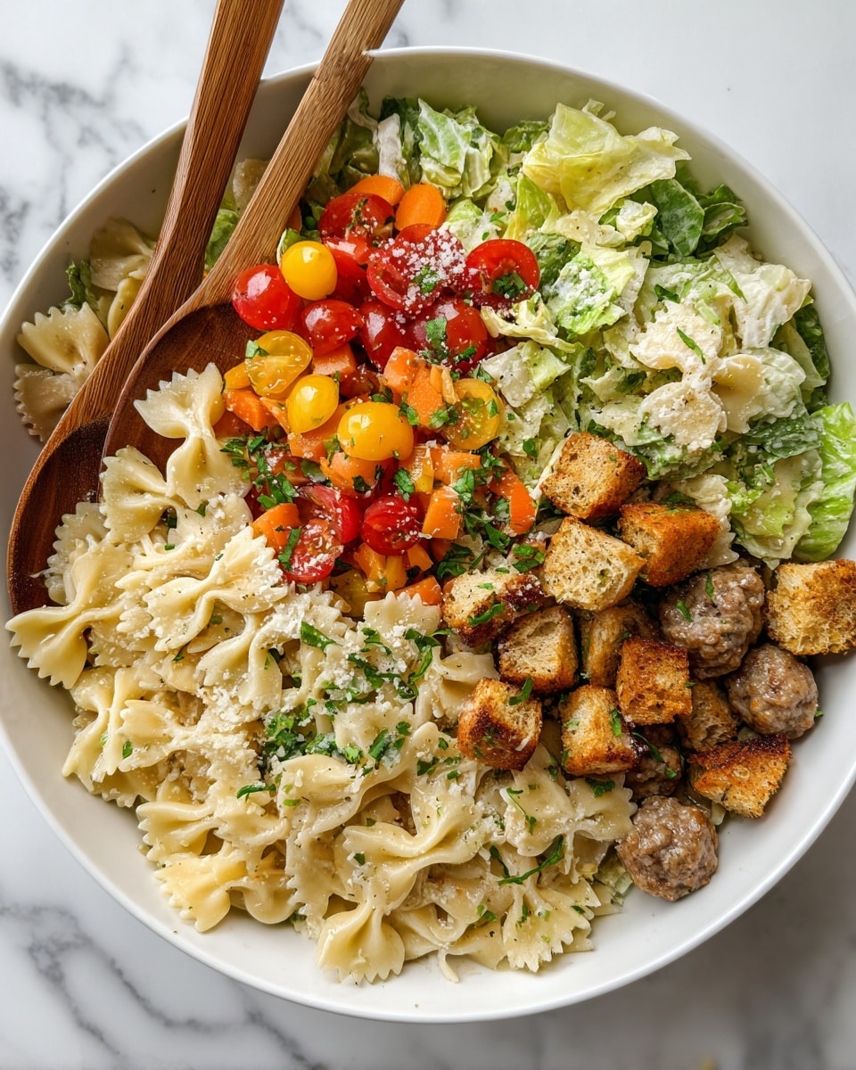 The image shows a white bowl filled with a colorful pasta salad featuring three main layers: at the bottom, light creamy farfalle pasta mixed with green romaine lettuce pieces spread out evenly; on top of this layer, scattered chunks of toasted golden-brown croutons, halved bright red cherry tomatoes, small carrots pieces, and browned sausage chunks; sprinkled finely over everything is grated cheese and chopped green herbs, adding texture and a final touch of freshness; wooden salad spoons are placed inside the bowl on the left side, resting partially on the salad; the bowl sits on a white marbled surface. photo taken with an iphone --ar 4:5 --v 7