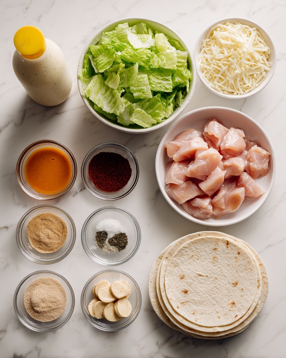 The image shows a top view of several cooking ingredients placed on a white marbled surface. There is a white bowl in the top right filled with raw pink chicken strips. To the left of it, there is a white bowl full of chopped green romaine lettuce. Next to the lettuce bowl, on the far left, is a bottle of creamy Caesar dressing with a yellow cap. Below the chicken bowl, there are four small clear containers arranged in a square: the top left contains orange sauce, the top right dark red seasoning, the bottom right a beige powdered spice, and the bottom left light brown breadcrumbs. At the bottom left of the image, a small white bowl holds round, light brown cheese rounds. On the bottom right, there is a stack of white tortillas. The whole scene is bright and clean. Photo taken with an iphone --ar 4:5 --v 7