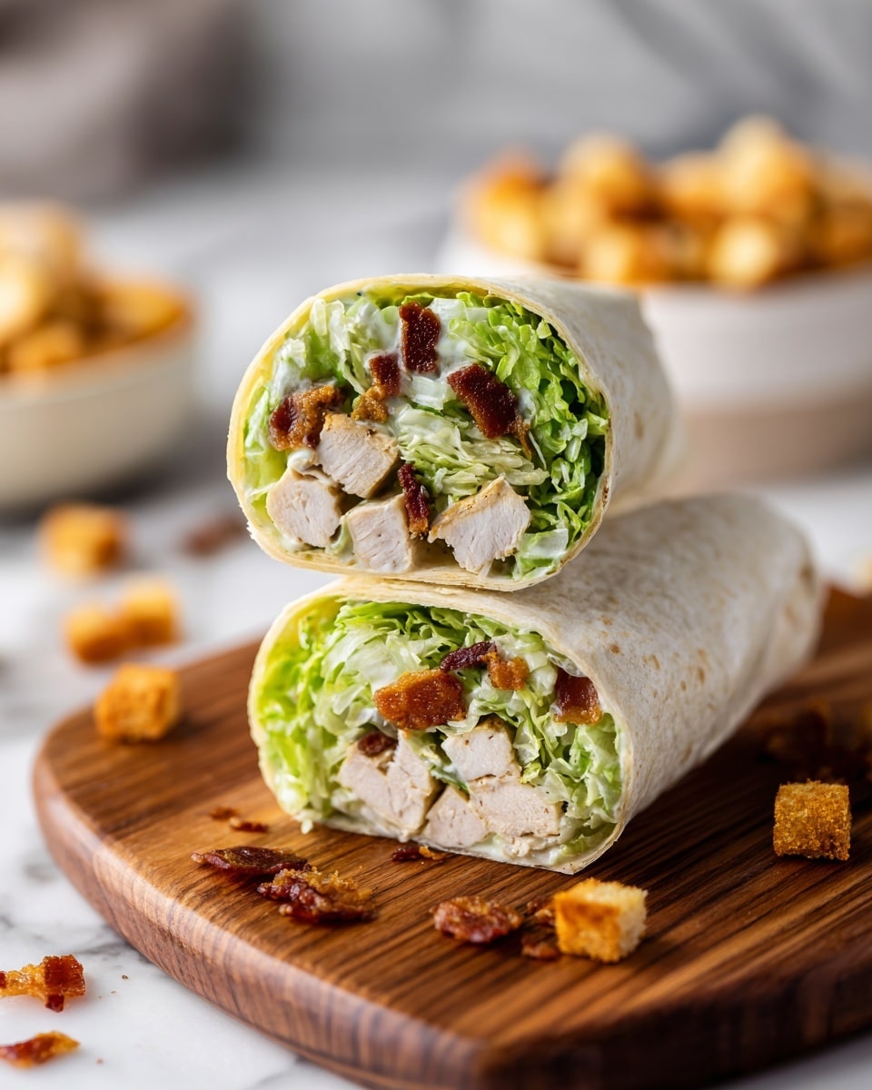 The image shows a wrap cut in half and stacked on a wooden board with one half on top of the other. The wrap is white and soft, enclosing multiple layers inside. The inside layers include light green lettuce, shredded pale off-white chicken, and small pieces of crispy brown bacon. Some lettuce and bacon pieces are scattered around the wooden board. The background is blurry but shows some golden croutons and a white bowl on a white marbled surface. Photo taken with an iphone --ar 4:5 --v 7