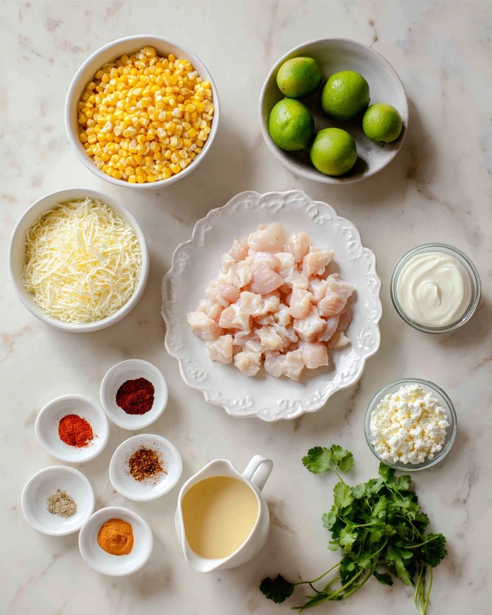 The image shows several white bowls and dishes arranged neatly on a white marbled surface, holding different food ingredients. In the center right, a white plate contains light pink, small diced raw chicken pieces. Above this plate, there are three whole green limes. To the left, a white bowl fills with bright yellow corn kernels, and next to it, another white bowl holds shredded white cheese. Below these bowls, a delicate white scalloped plate displays six piles of spices in different shades of red, brown, white, and light yellow. A white small pitcher containing a pale yellow liquid is placed at the bottom left. On the right side, a small white bowl contains an orange creamy sauce, a glass bowl holds thick white sour cream, and a small white bowl has crumbled white cheese. Fresh green cilantro leaves lie flat under the chicken plate on the lower right. The image is simple and clean, with soft natural light. photo taken with an iphone --ar 4:5 --v 7