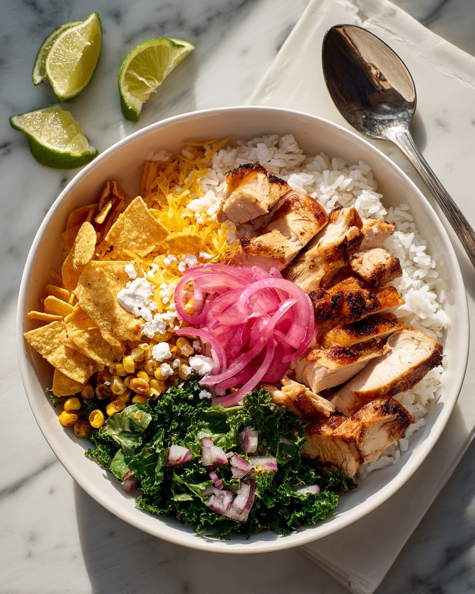 A white bowl filled with several layers starts with a base of cooked white rice at the bottom right. On top of the rice, there are green chopped kale pieces arranged along the top right and along the lower right edge. Grilled and sliced chicken pieces with a light brown color are placed in the center. Around these are bright pink pickled red onions and scattered yellow tortilla chips. There are also bits of white crumbly cheese sprinkled over the dish. Roasted corn kernels with a golden color sit near the grilled chicken. The bowl is set on a white marbled surface, with a silver spoon and lime slices nearby, bathed in natural sunlight. Photo taken with an iphone --ar 4:5 --v 7