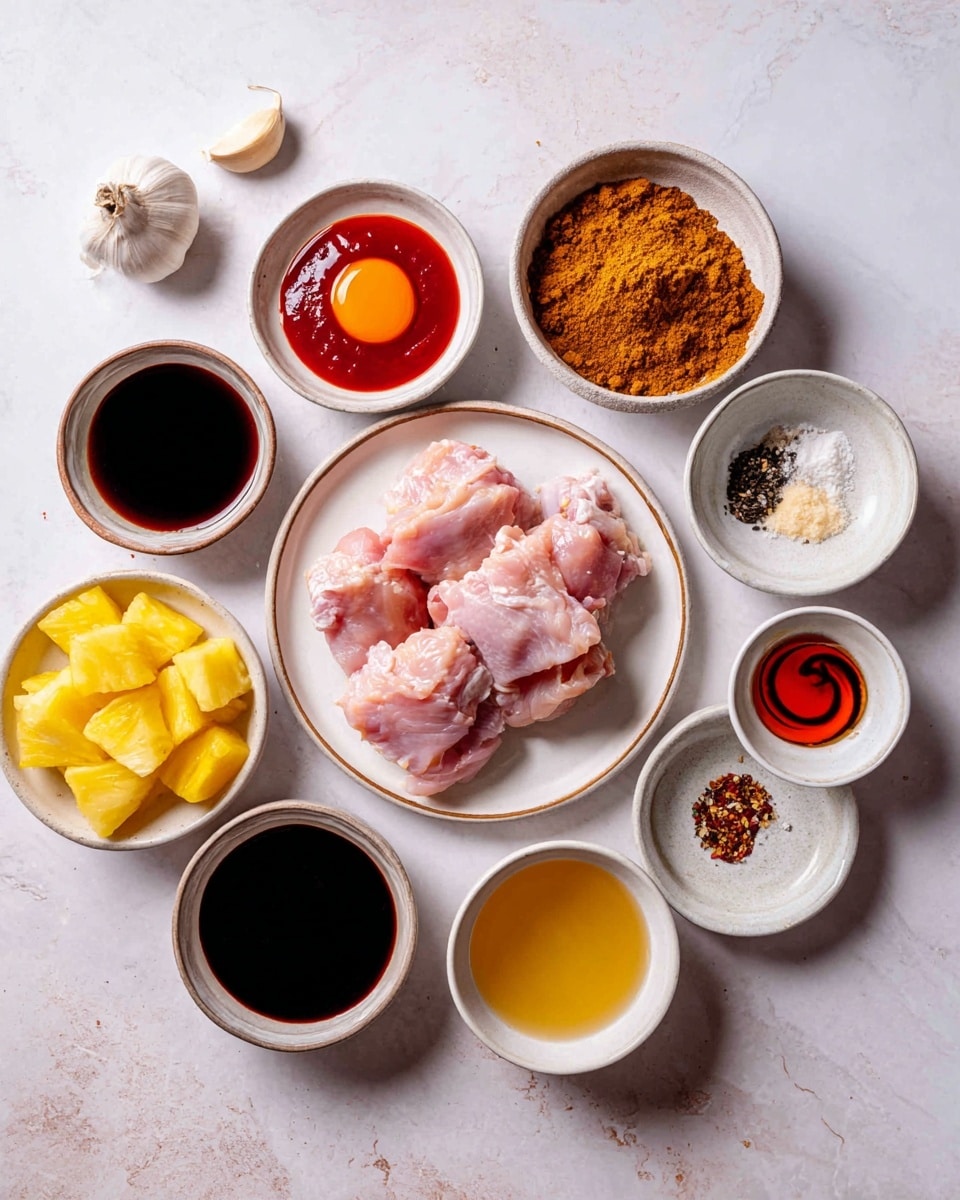 The image shows a top-down view of a white marbled surface with several small white bowls and plates arranged in a circle around one central white plate holding three raw pink chicken pieces. Each bowl contains different ingredients with distinct colors and textures: a bowl with bright red sauce topped with an orange dollop, a bowl with a brown crumbly powder, a bowl with dark soy sauce, a bowl with bright red sauce shaped like a swirl, a bowl with yellow pineapple chunks, a bowl with golden honey, and three other bowls with light-colored liquids and a mix of white, black, and orange spices on a small white plate. A single peeled clove of garlic is placed near the top left of the arrangement. The whole setup is clean and bright, with good lighting giving the ingredients a fresh and natural look. photo taken with an iphone --ar 4:5 --v 7