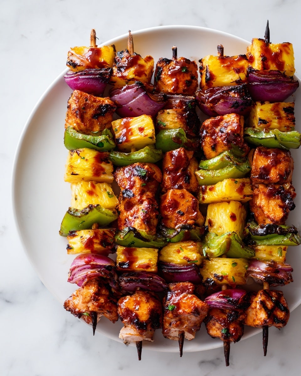 This image shows six skewers of grilled food arranged in a neat row on a large white plate sitting on a white marbled surface. Each skewer has a repeating pattern of four layers: golden brown grilled chicken pieces with slightly charred edges, bright yellow chunks of grilled pineapple that are slightly caramelized, green bell pepper pieces with a soft texture and some char marks, and purple-red pieces of red onion that are slightly cooked but still vibrant. All the ingredients on the skewers are glazed with a shiny brown sauce that adds a glossy finish, making the grilled pieces look juicy and flavorful. The skewers are wooden with darker tips, and the plate is placed on a white marbled texture background. photo taken with an iphone --ar 4:5 --v 7