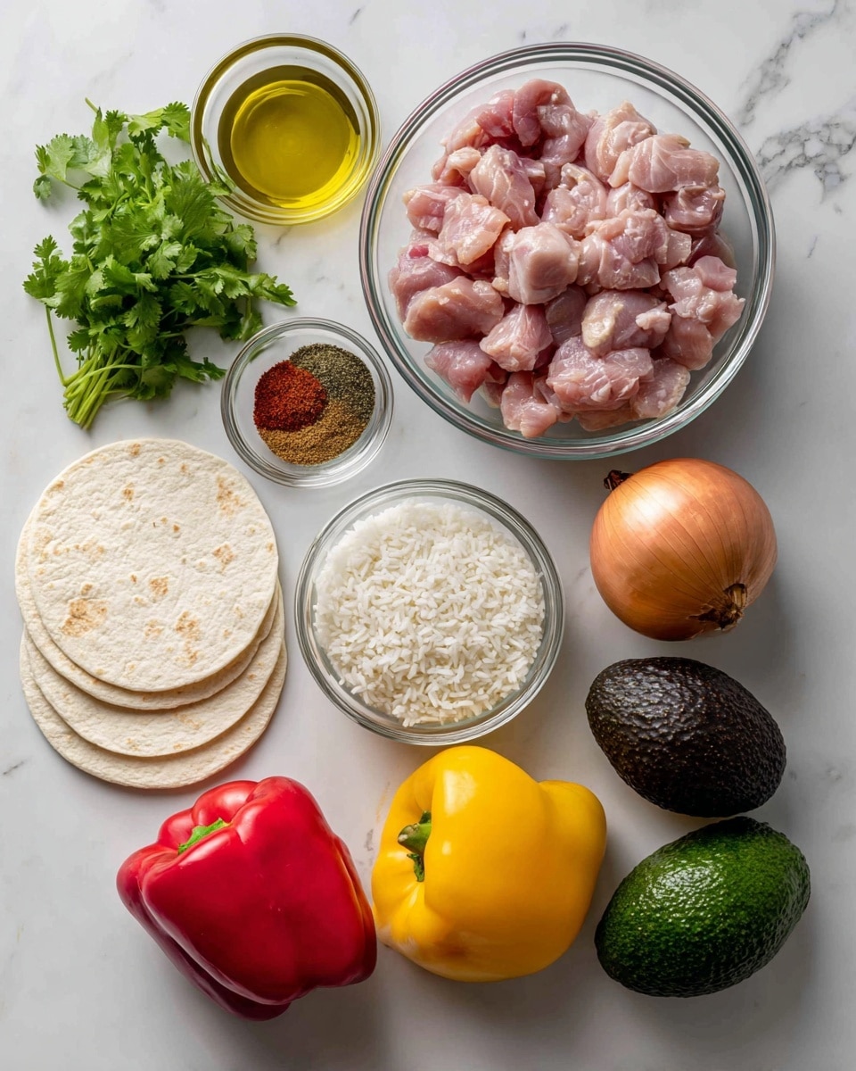 The image shows ingredients neatly arranged on a white marbled surface. There are three white round tortillas on the bottom left, next to a small bunch of fresh green cilantro. Above them is a small glass bowl of golden olive oil. In the center, a clear glass bowl contains raw pink chicken pieces. Surrounding this bowl, there are three smaller glass bowls: one with white rice, one with water, and one with a mix of spices including black pepper, salt, and others in warm brown and red tones. To the right of the bowls, two whole dark green avocados, one red bell pepper, one yellow bell pepper, and one small light brown onion are placed in a line. The colors are vibrant, and the arrangement is clean and organized, showing the fresh ingredients before cooking. Photo taken with an iphone --ar 4:5 --v 7