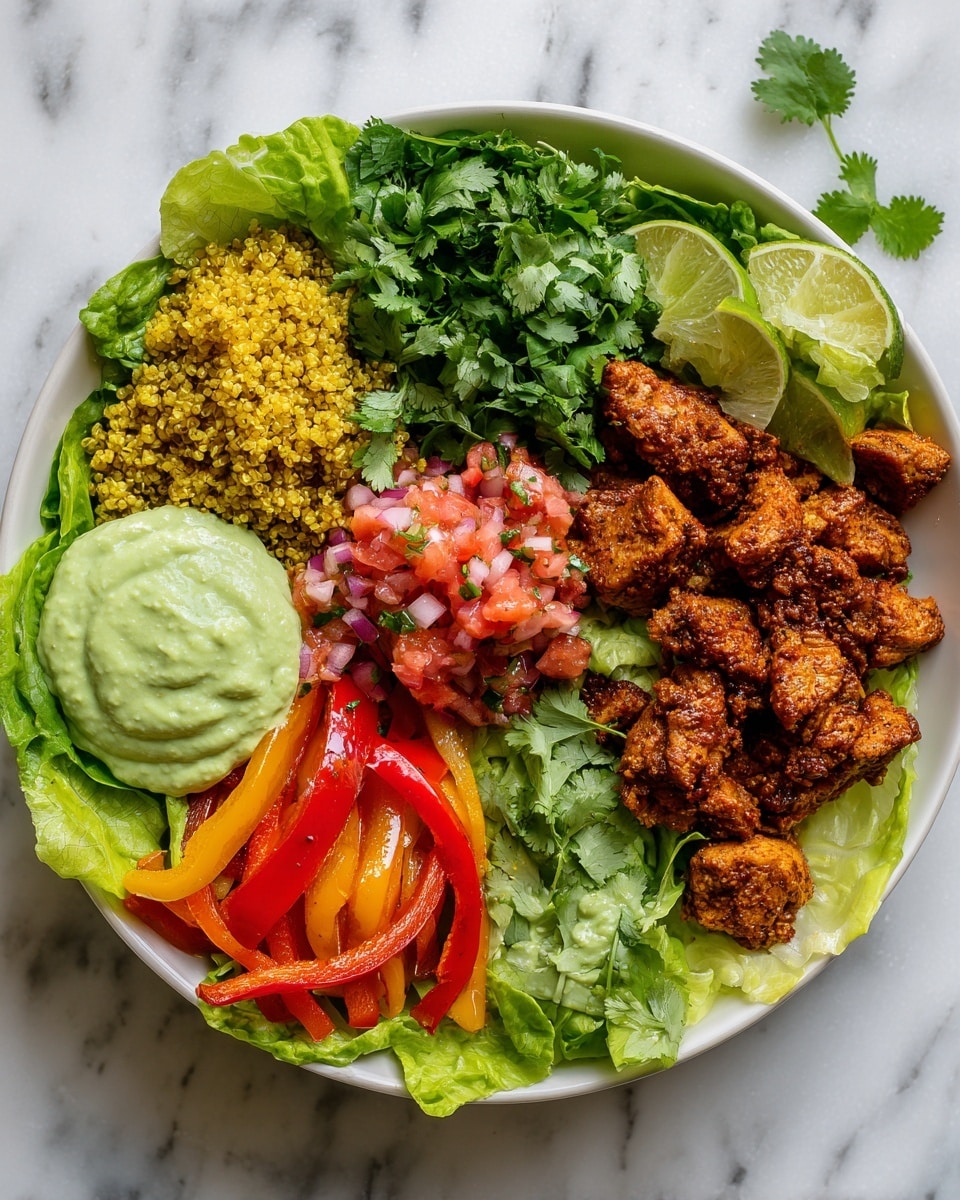 A white bowl on a white marbled surface holds a colorful layered dish. The base layer is chopped green lettuce covering the bottom. On top, there is a pile of yellow quinoa mixed with fresh green cilantro leaves at the back. To the right of the quinoa, bright red and pink pico de gallo sits in a mound. Next to the salsa, cooked, well-seasoned brownish-orange chicken pieces are arranged in the front right section. On the left side, sautéed strips of red and yellow bell peppers and onions add vibrancy. A dollop of smooth pale green avocado sauce sits on the lettuce near the center-left. Two lime wedges rest on the edges of the bowl—one near the avocado sauce and the other near the chicken. A few sprigs of green cilantro lie on the left side as garnish. photo taken with an iphone --ar 4:5 --v 7