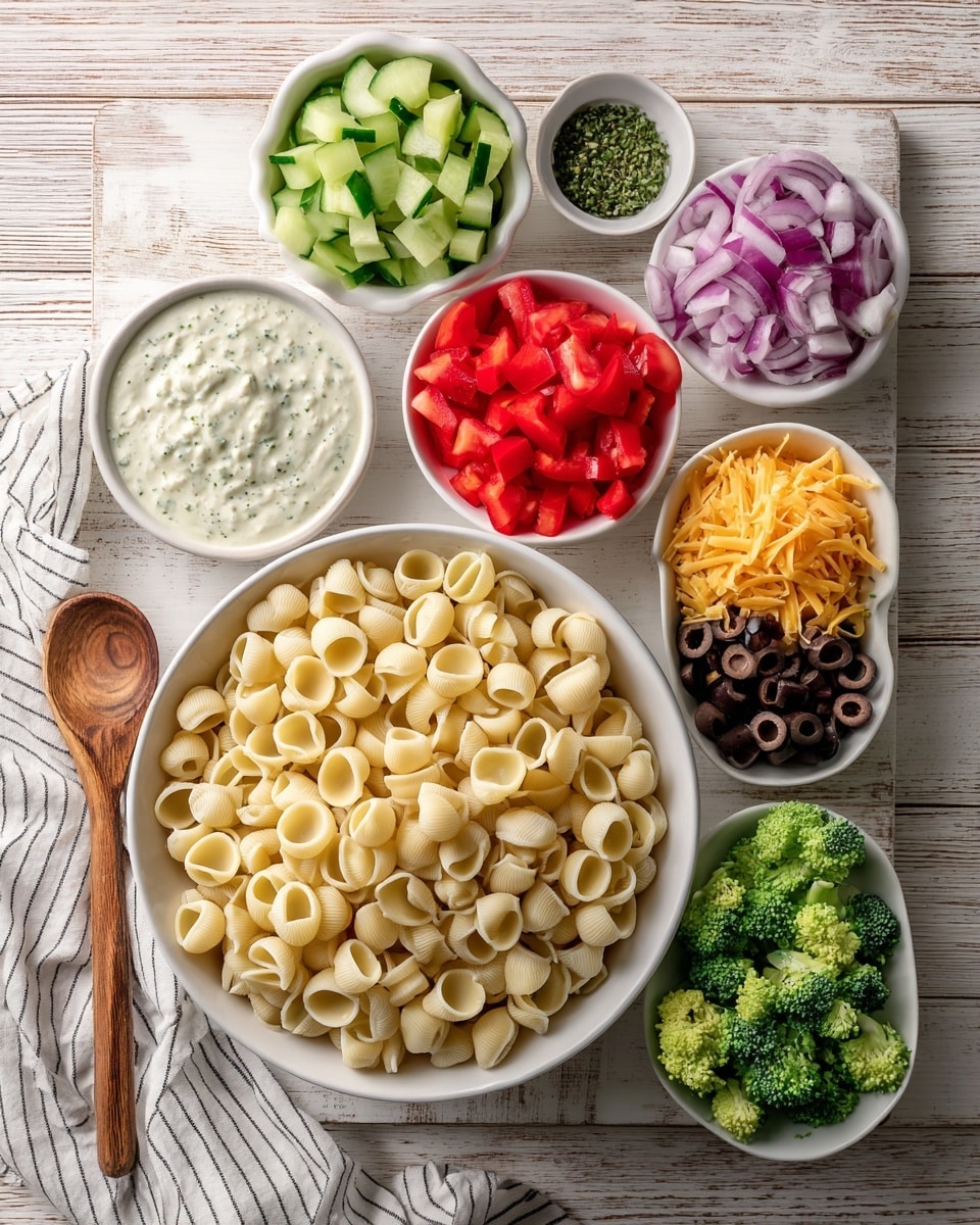 A large white bowl filled with plain pasta circles sits in the center on a light wooden surface, surrounded by small white bowls containing finely diced red bell peppers, chopped cucumber, sliced black olives, diced cheddar cheese, chopped red onions, and fresh broccoli florets on the side. A small white bowl of creamy white dressing with herbs is to the front left, next to a wooden spoon and a white cloth with thin black lines. The overall setup focuses on fresh colorful ingredients ready to be mixed, all arranged neatly. Photo taken with an iphone --ar 4:5 --v 7