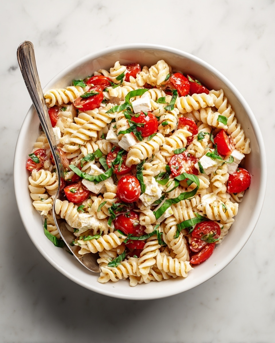 A white bowl filled with a pasta salad that has three main layers: the bottom layer is twisted pasta spirals in a pale beige color; scattered on top are halved bright red cherry tomatoes. Cubes of white cheese are mixed in all over the salad, and thin strips of fresh green basil leaves cover the top. A silver spoon is resting inside the bowl on the left side. The bowl is placed on a white marbled surface with soft natural lighting. Photo taken with an iphone --ar 4:5 --v 7