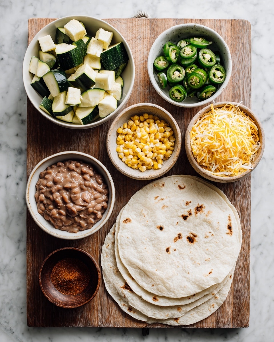 A flat wooden board lays on a white marbled surface, holding three round white flour tortillas stacked on top of each other at the lower right. Above the tortillas, a small white bowl is filled with light brown refried beans, textured and slightly mashed. To the right, a small beige bowl contains shredded orange cheddar cheese. Above that, a large white bowl is filled with deep green chopped poblano peppers, cut into square pieces. On the left, a large white bowl holds cubed zucchini with dark green skin and pale white-green flesh. Next to it, a small brown bowl decorated with white flowers contains several round slices of fresh green jalapeño peppers with seeds visible inside. Above that, a medium white bowl is filled with yellow corn kernels. A small dark wooden bowl with a reddish-brown spice powder is placed near the bottom left corner of the wooden board. photo taken with an iphone --ar 4:5 --v 7
