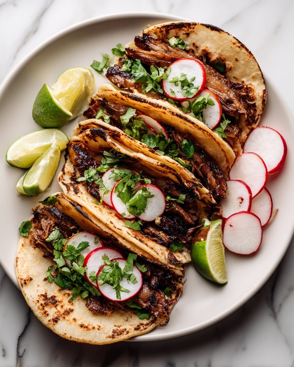 The image shows four small white corn tortillas lightly charred and folded, each filled with several layers. The bottom layer inside the tortillas looks like a mix of grilled meat strips with a dark, slightly crispy outside. On top of the meat, there are slices of grilled onions, thin round radish slices, and fresh green cilantro leaves scattered evenly. On the white plate next to the tacos, lime wedges and extra radish slices are placed for garnish. The whole plate rests on a white marbled surface. photo taken with an iphone --ar 4:5 --v 7