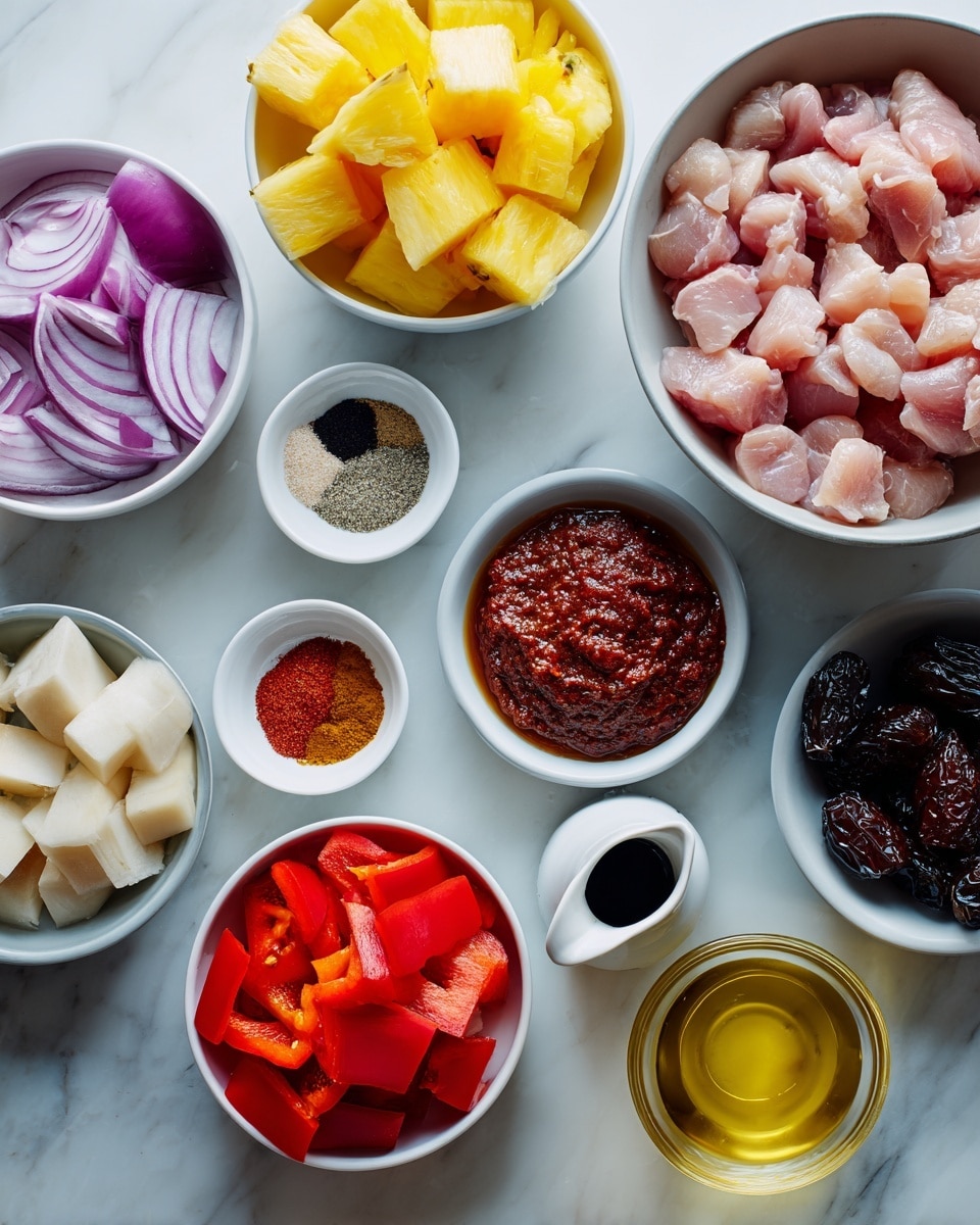 The image shows various bowls and small containers placed on a white marbled surface. There is one bowl filled with raw chicken pieces that are pink and piled high on the right side. Next to it, a bowl contains bright yellow pineapple chunks. Another white bowl holds large pieces of chopped red onion with purple and white layers. One more white bowl contains red bell pepper pieces cut into squares. Small dishes contain different mixtures: one has several spices arranged in sections showing colors of red, white, and brown; another has a thick red paste; a small bowl is filled with dark dates; and two tiny white pitchers hold dark and brown liquid sauces. Additionally, a small bowl with salt and pepper mix and a clear glass with golden oil complete the ingredients. photo taken with an iphone --ar 4:5 --v 7
