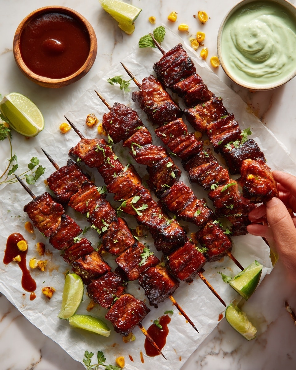 The image shows six skewers laid out on a white paper-lined tray placed on a white marbled surface. Each skewer has multiple pieces of grilled meat with a dark reddish-brown color and visible char marks, coated with a shiny barbecue sauce. Around the skewers, there are several lime wedges varying in size and a small wooden bowl filled with a pale green creamy dip. A small white bowl of thick dark red barbecue sauce sits on the side with some sauce dripped on the paper. A woman's hand is holding one of the skewers from the top right corner. Small green herb leaves and some scattered corn kernels add extra color details to the scene. Photo taken with an iphone --ar 4:5 --v 7