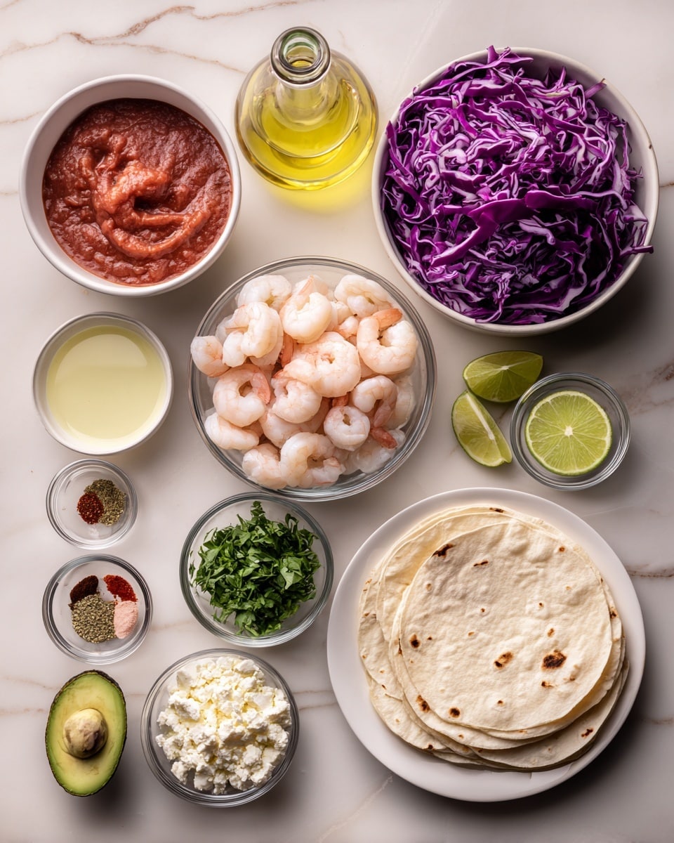 This image shows ingredients neatly arranged on a white marbled surface. There are two white tortillas stacked on a white plate at the bottom right. Next to the tortillas, there is a small white bowl with a light yellow sauce and half a lime with bright green skin. Above the tortillas, a white bowl holds raw, peeled shrimp in pale pink and white. To the right of the shrimp, a white bowl is filled with shredded purple cabbage, showing vibrant deep purple and white shades. Above the cabbage, a glass bottle of light golden oil stands near a small glass bowl of fresh green chopped herbs. To the left of the herbs, another glass bowl contains a red sauce with a smooth texture. Below the red sauce, two small glass bowls hold crumbly white cheese and bright green sliced avocado. To the left of the shrimp, a small white dish has a mixture of colorful spices in red, brown, and green hues. Lastly, a small white bowl of creamy white sauce is placed near the cabbage. The setup is clear and well-organized. Photo taken with an iphone --ar 4:5 --v 7