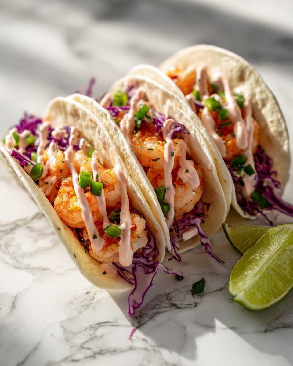 The image shows three soft white tortillas standing upright in a row on a white marbled surface, each filled with pieces of orange-colored cooked shrimp at the bottom layer, topped with thin strips of green and purple cabbage, and a drizzle of light pink sauce on top. Small pieces of green bell pepper are scattered over the cabbage. A wedge of lime is placed beside the tortillas. The light in the image highlights the textures of the shrimp and fresh vegetables, making the colors bright and fresh. Photo taken with an iphone --ar 4:5 --v 7