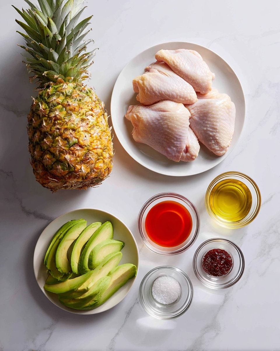 A whole pineapple with a golden brown and slightly textured skin is placed on the left side of a white marbled surface. Next to it on the right, three raw chicken pieces with a light pink color and smooth texture lie on a white plate. Below the pineapple, there is a white plate filled with thick avocado slices showing shades of light green and creamy texture. To the right of the avocado plate, there are five small glass bowls arranged in two rows on the white marbled surface: the top row has a bright red sauce, a golden honey-like liquid, and a small amount of white salt; the bottom row has a dark reddish-brown paste, a clear liquid, and another clear liquid. The whole scene is bright and clean, with even lighting. photo taken with an iphone --ar 4:5 --v 7