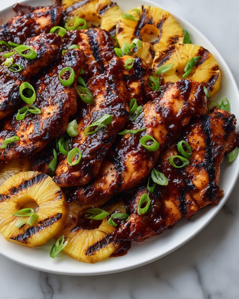 The image shows a white plate filled with grilled chicken pieces covered in a thick, dark brown sauce with visible grill marks. The chicken is arranged in a slightly curved pattern across the plate, and each piece has a glossy texture. Scattered green onion slices are placed on top, adding a fresh green pop of color. Around the chicken, there are grilled pineapple slices with dark char lines, showing a slightly yellow and golden color. The plate sits on a white marbled surface, with natural lighting highlighting the textures and colors of the dish. Photo taken with an iphone --ar 4:5 --v 7