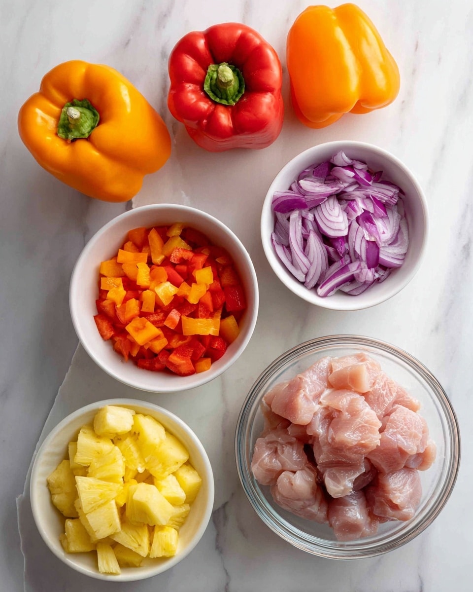 The image shows five sets of ingredients placed on a white marbled surface. At the top left, there are two whole bell peppers, one orange and one red, side by side. Below them is a white bowl filled with chopped red and orange bell pepper pieces. To the top right, a white bowl contains chopped purple onions. Near the center right, a clear glass bowl holds raw, pale pink chunks of meat. At the bottom left, a few leaves and the top of a pineapple are visible, while just above it is a white bowl filled with yellow pineapple chunks. Photo taken with an iphone --ar 4:5 --v 7