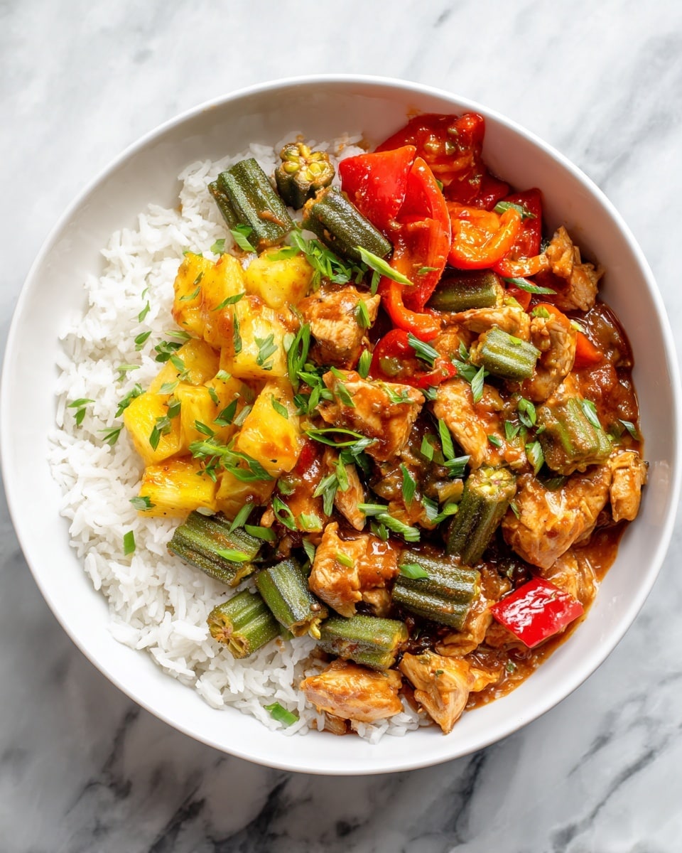 The white bowl contains two layers: the bottom layer is white rice spread evenly, and the top layer is a colorful mix of cooked vegetables and chicken. On one side, there are red and orange bell peppers with a shiny sauce, next to green okra pieces and light brown chicken chunks coated in the same sauce. Bright yellow pineapple pieces sit on top, adding a fresh contrast. The dish is garnished with green chopped herbs scattered across the top. The bowl is placed on a white marbled surface. Photo taken with an iphone --ar 4:5 --v 7
