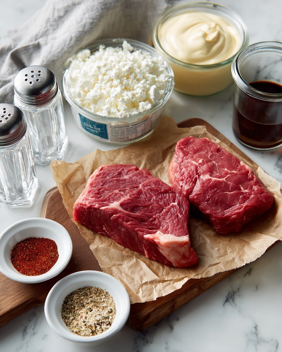 Two raw pieces of red meat with white marbling sit on a piece of brown parchment paper on a wooden cutting board. Above the board are a container of crumbled white cheese and a container of sour cream with a blue and white label. To the right of the board is a jar of thick yellow mayonnaise and a small glass filled with a dark liquid. To the left of the board are two small white bowls, one filled with red powder and the other with a mix of brown, yellow, and light beige spices. Above the bowls are clear glass salt and pepper shakers. The whole scene is set on a white marbled surface with a gray cloth partially visible in the top left corner. photo taken with an iphone --ar 4:5 --v 7