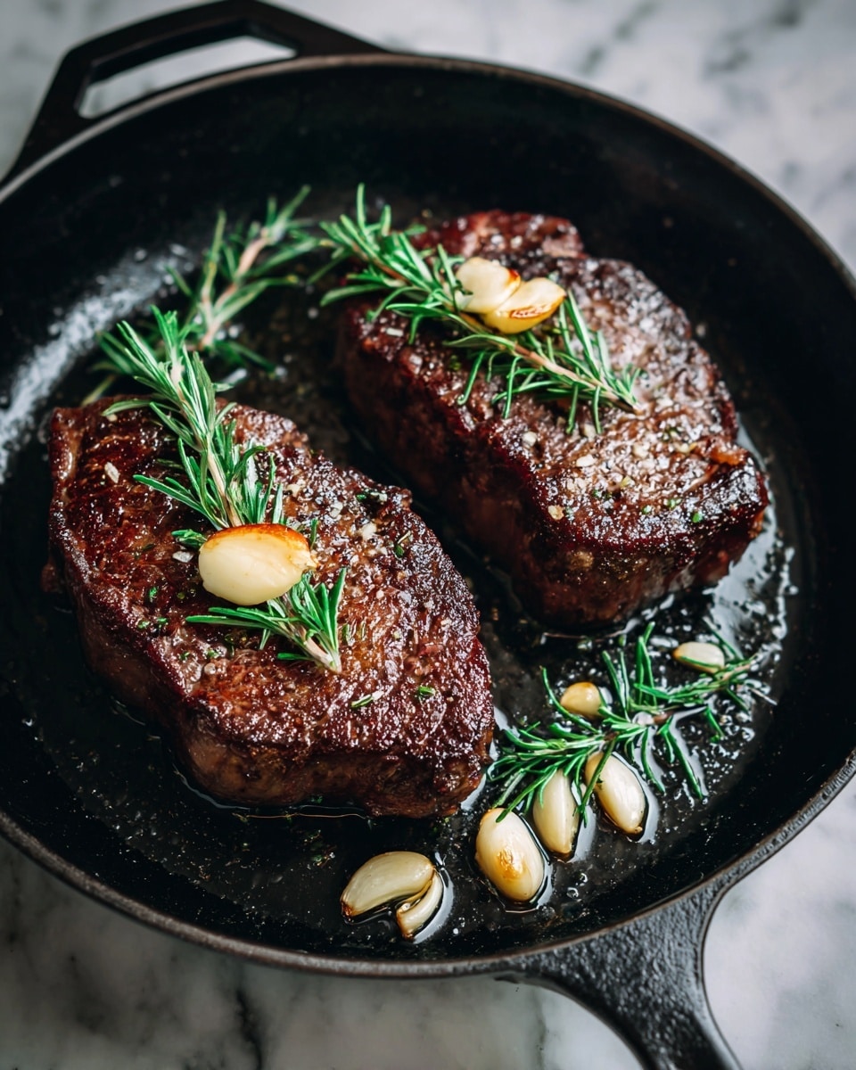 Two thick, browned steaks with a crispy texture sit in a black pan. Each steak has a small, golden garlic clove and a sprig of fresh rosemary on top. Around the steaks, more garlic cloves and rosemary sprigs rest in shimmering oil, adding shine to the pan. The background is a white marbled surface. photo taken with an iphone --ar 4:5 --v 7