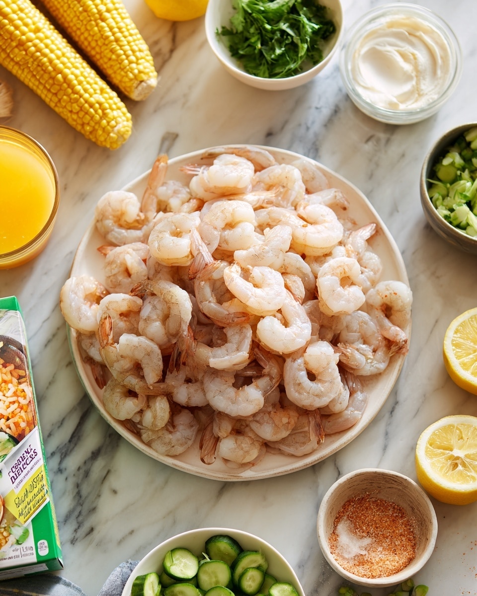 The image shows a white plate piled with raw shrimp that are light pink and slightly see-through. Around the plate, on a white marbled surface, are two ears of yellow corn, a bowl of white sauce, a bowl of green leafy herbs, a bowl of sliced cucumbers, a bowl of chopped green onions, a box of jambalaya rice mix with red and yellow colors, and a green bottle of seafood seasoning. There is also a glass of orange juice and lemon wedges near the plate. The overall arrangement is neat and colorful, with soft natural lighting. photo taken with an iphone --ar 4:5 --v 7