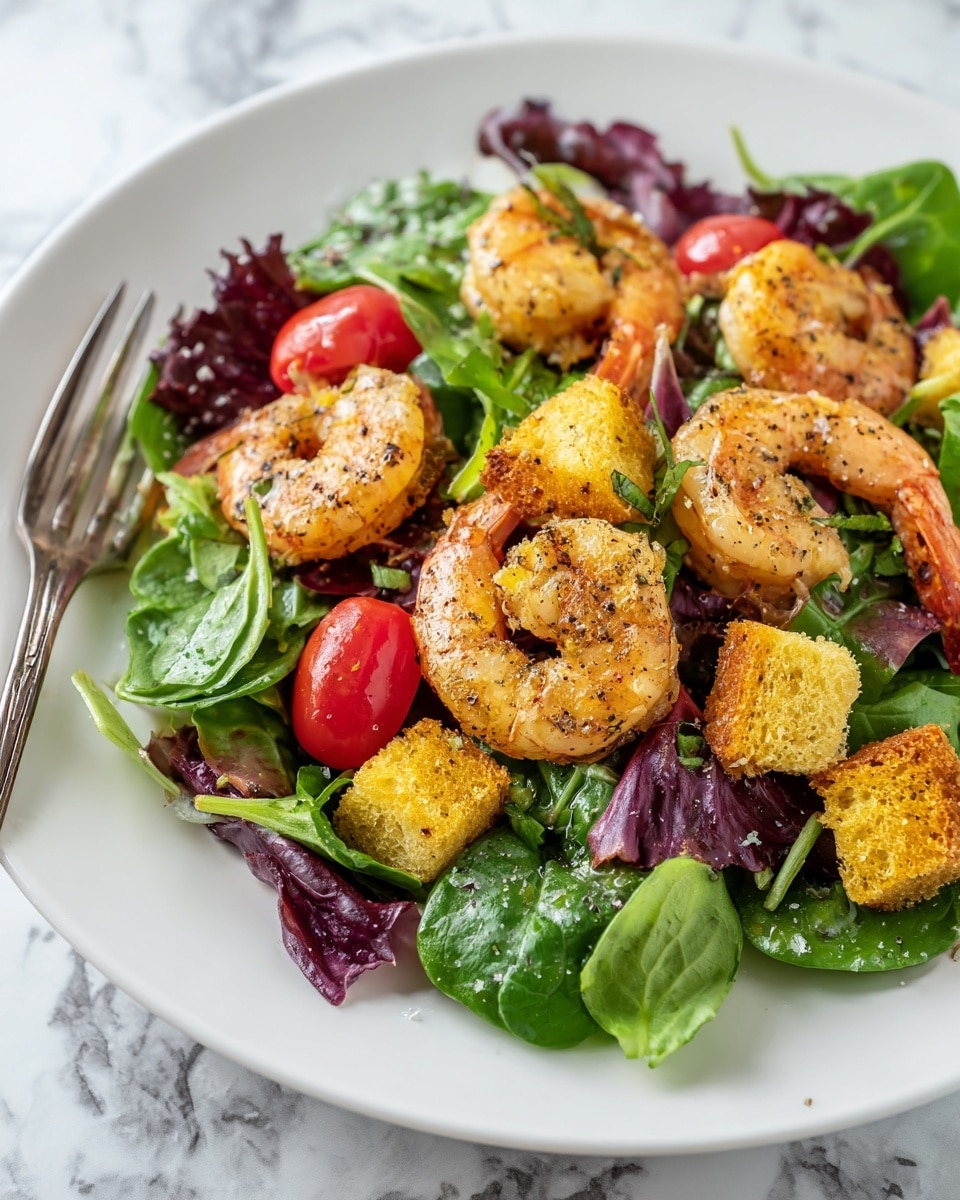 A white plate holds a fresh salad starting with a base of green leafy spinach and purple lettuce leaves covering the surface. On top, there are several large, cooked shrimp with a light golden color and slight seasoning hints. Scattered among the shrimp are bright red cherry tomato halves, adding vibrant color. Golden brown croutons with a crisp, textured surface are mixed in, giving a crunch contrast. Small pieces of green basil are sprinkled over everything, adding a fresh herb layer. A silver fork rests on the edge of the plate. The plate is set on a white marbled surface. photo taken with an iphone --ar 4:5 --v 7