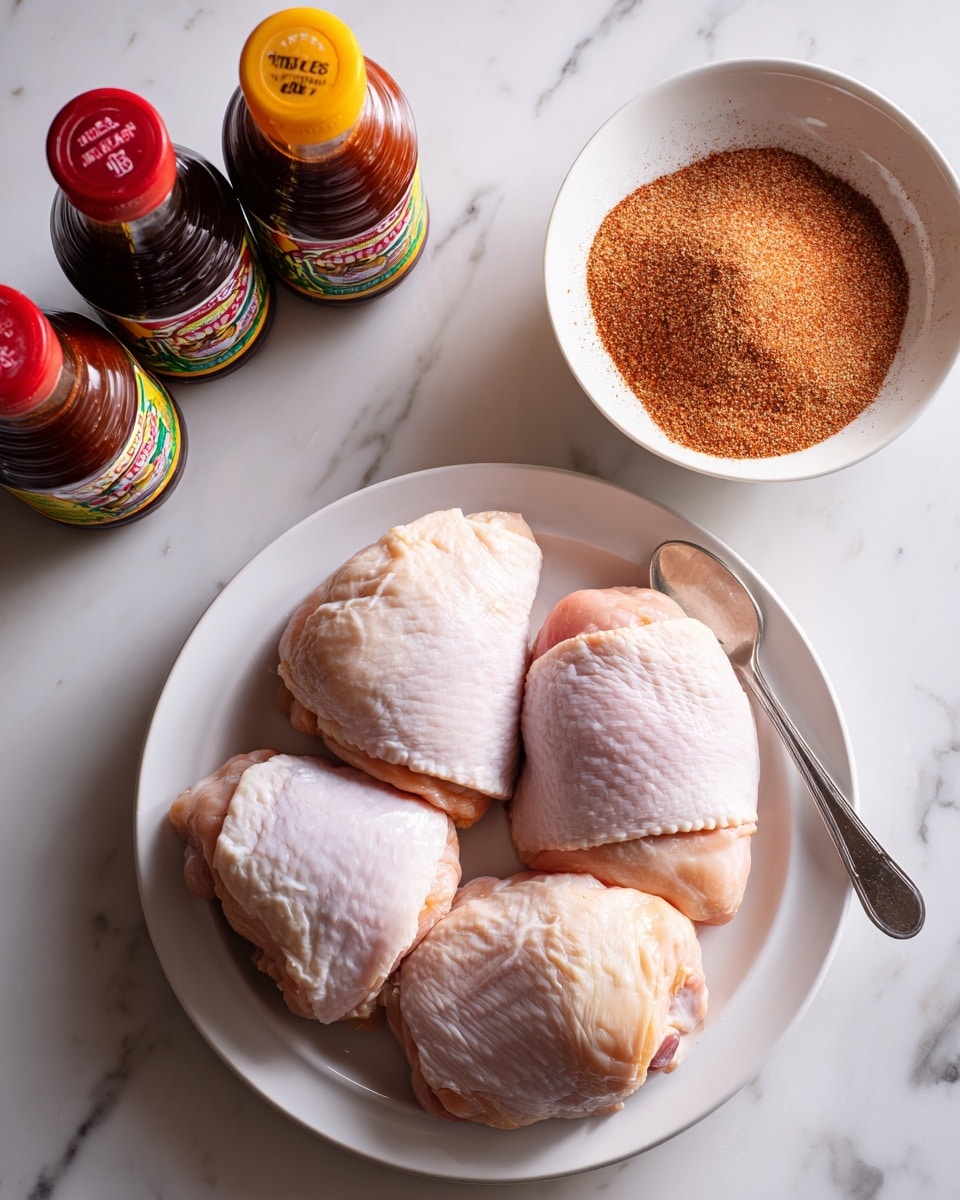 A white plate holds five raw chicken thighs stacked on top of each other, showing their pale pink and cream-colored skin with slight texture. To the right of the plate is a white bowl filled with a reddish-brown dry spice mix and a silver spoon resting inside. On the left side of the image, there are two dark glass BBQ sauce bottles with colorful labels, placed on a white marbled surface. Photo taken with an iphone --ar 4:5 --v 7