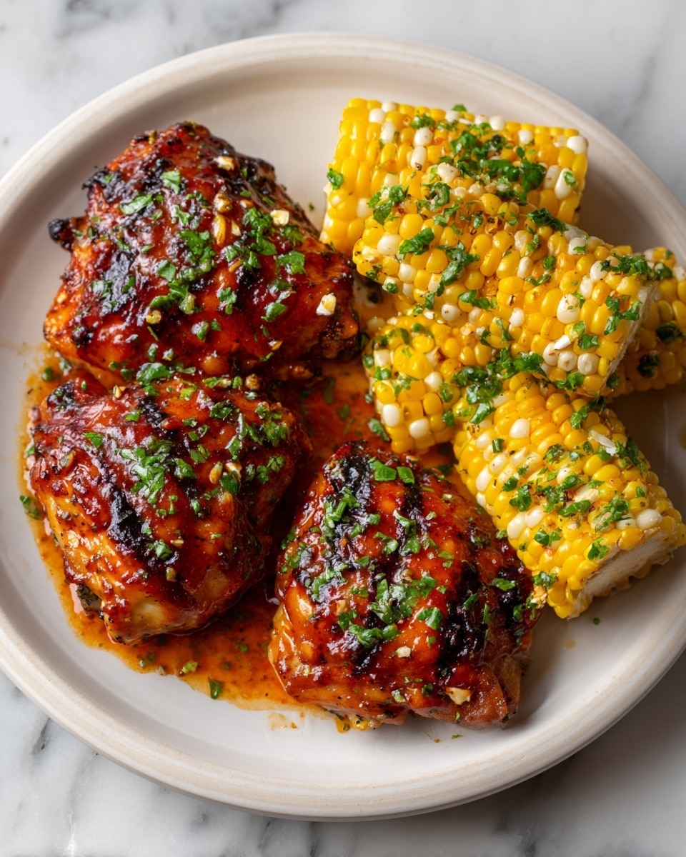 A white plate holds three pieces of grilled chicken thighs covered in a shiny, dark orange-red sauce with charred marks, giving a slightly crispy texture. Next to the chicken, there are three corn cobs with bright yellow kernels mixed with some white kernels, garnished with small green herb pieces scattered on top. The plate sits on a white marbled surface. photo taken with an iphone --ar 4:5 --v 7